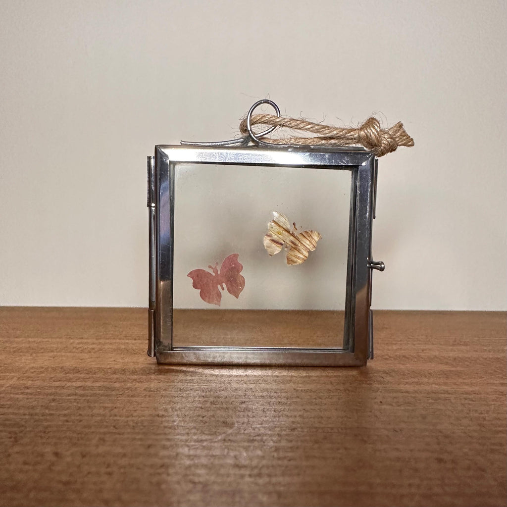 Pressed Flower Butterfly Art – Mini Silver Frame 5x5cm – Real Botanical Butterflies – Hanging Nature Decor Gift