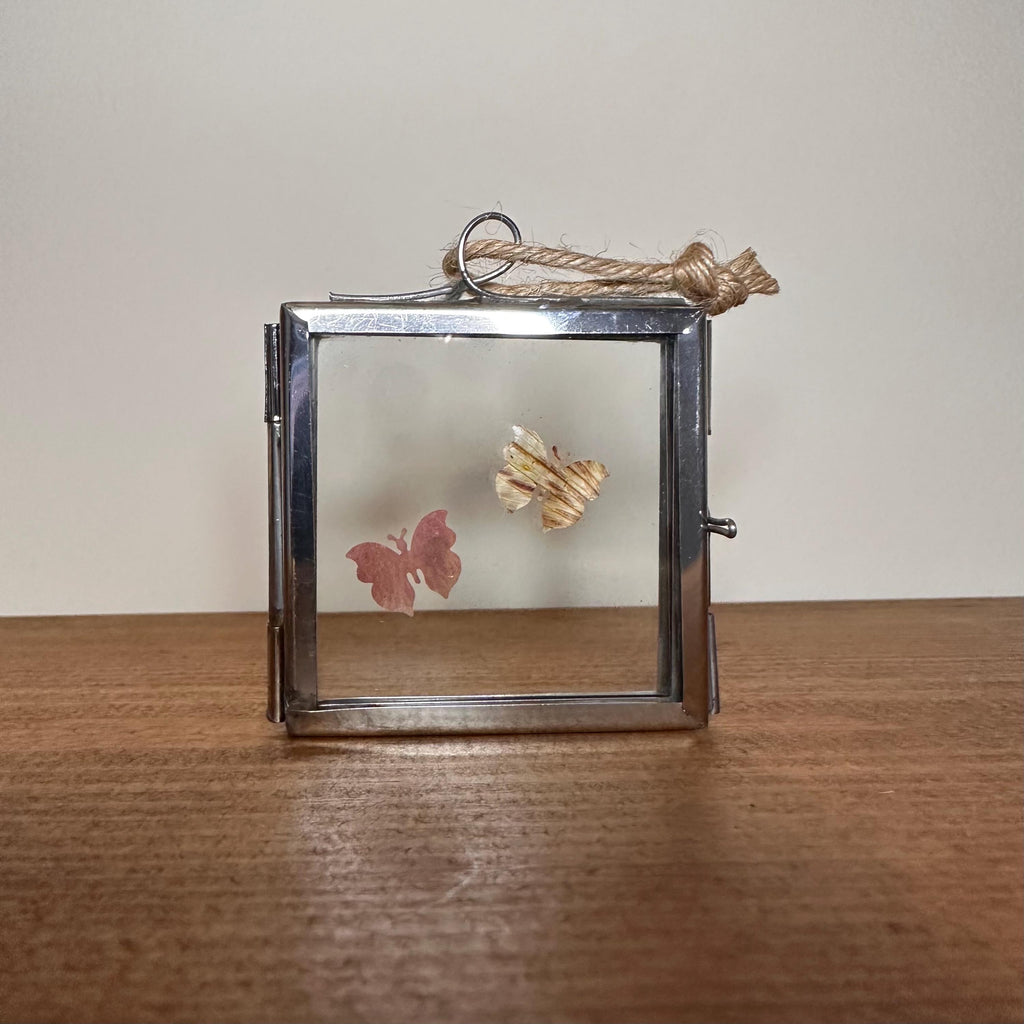 Pressed Flower Butterfly Art – Mini Silver Frame 5x5cm – Real Botanical Butterflies – Hanging Nature Decor Gift