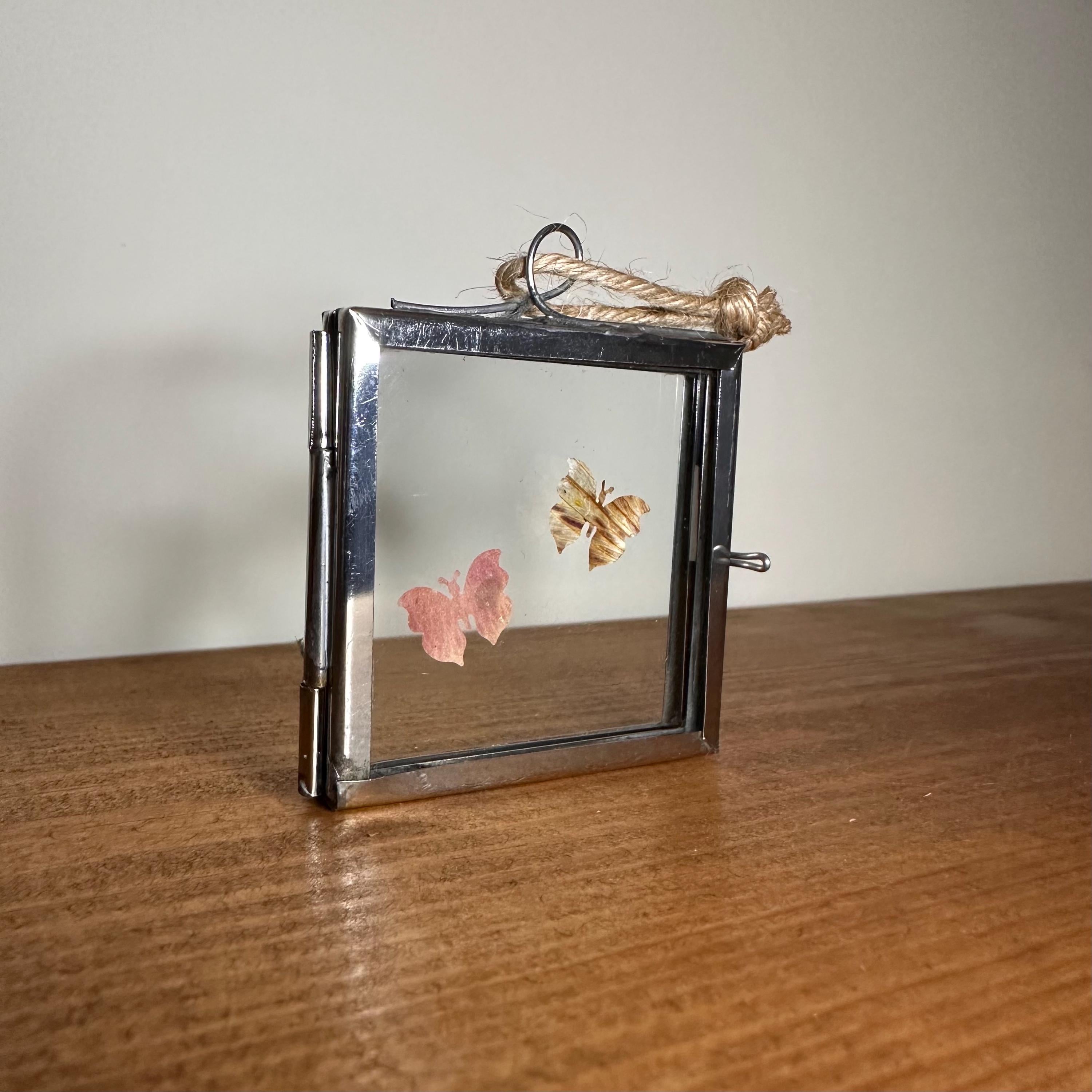 Pressed Flower Butterfly Art – Mini Silver Frame 5x5cm – Real Botanical Butterflies – Hanging Nature Decor Gift