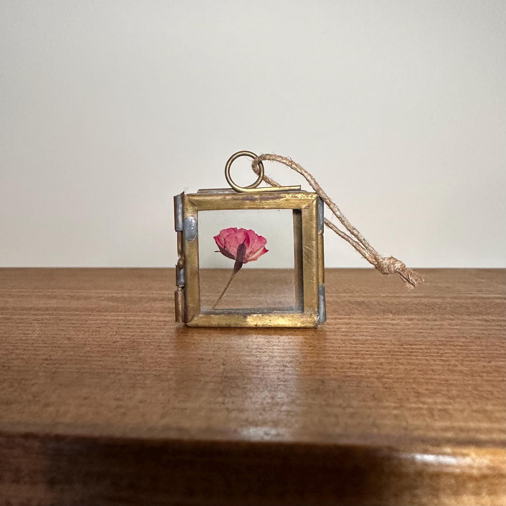 Dried Pink Rose in 3.5cm Brass Frame | Twisted Twine Loop | Pressed Flower Pendant | Miniature Botanical Keepsake