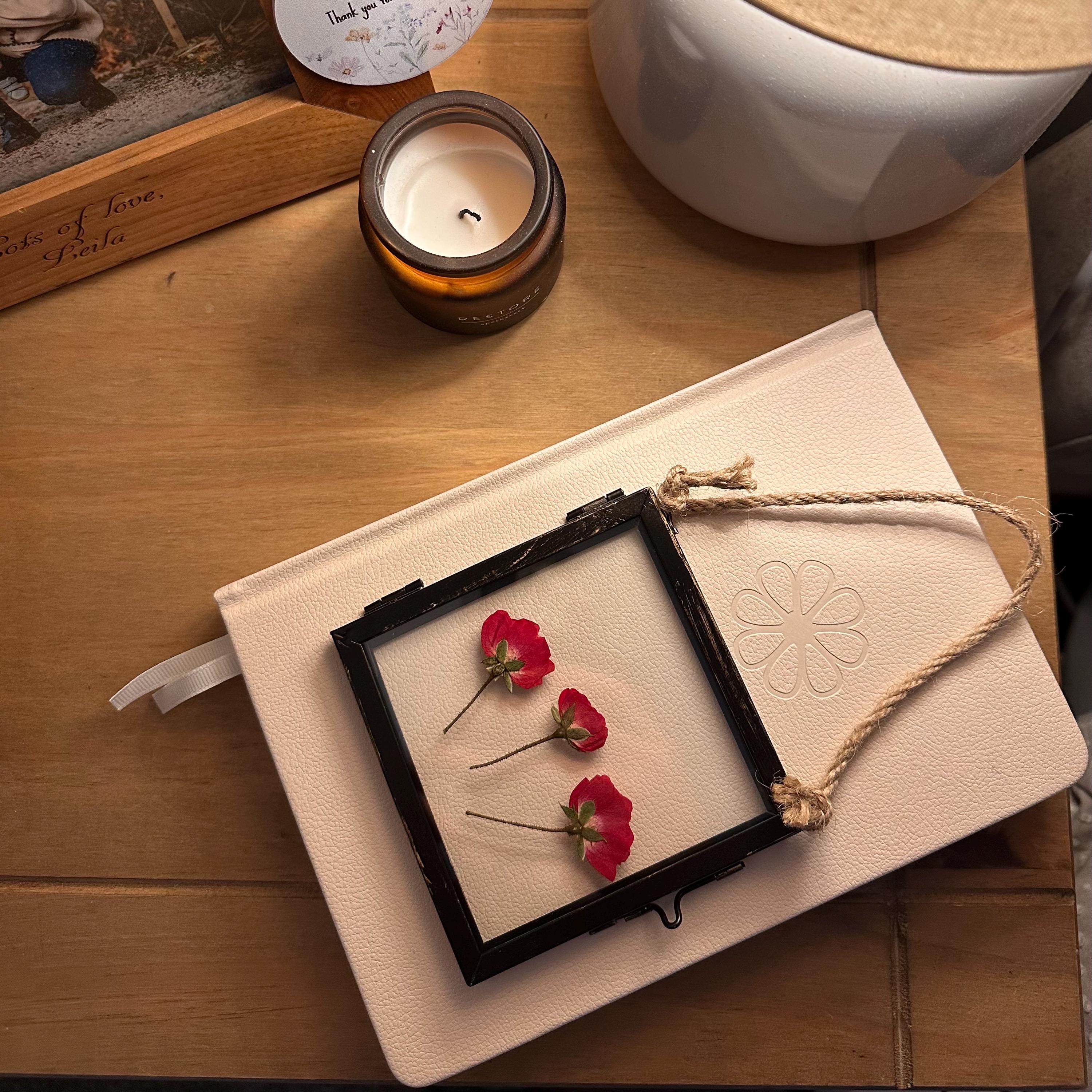 Real Pressed Roses Framed – Dried Flower Botanical Art in Rustic Black Frame (4” x 4”)