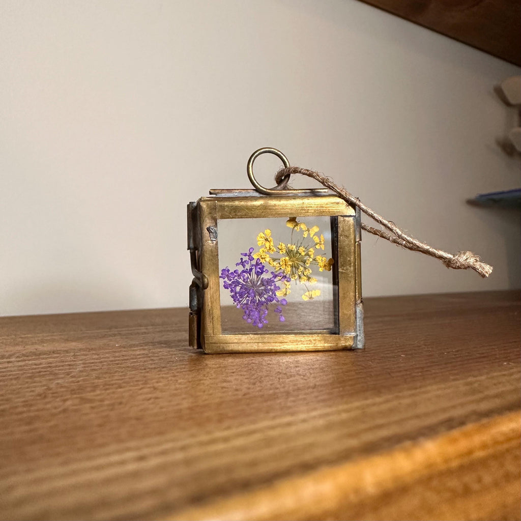 Dried Yellow & Purple Flowers | Mini Brass Frame 3.5x3.5cm | Pressed Botanical Art – Nature Gift