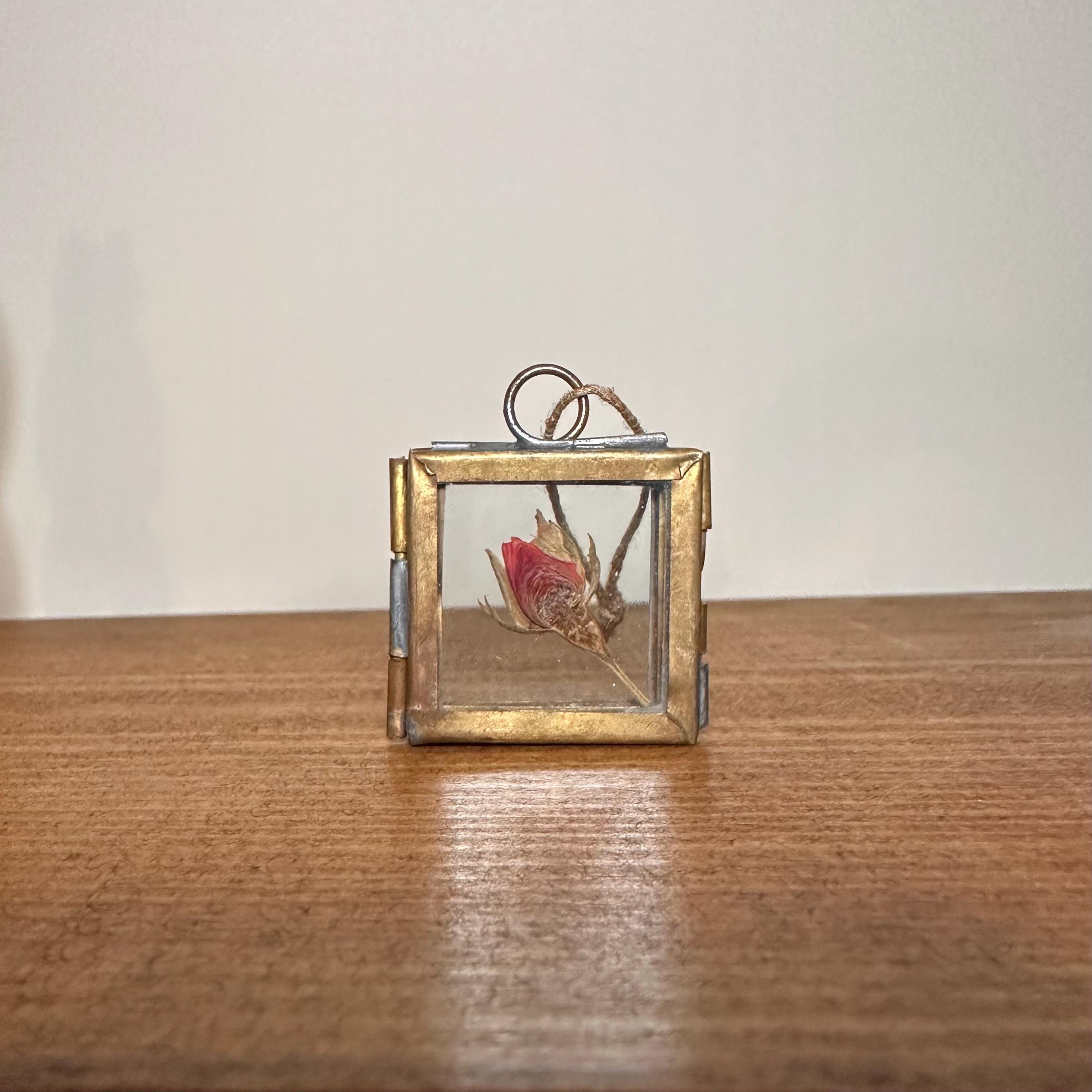 Dried Red Rose in 3.5cm Brass Frame | Twisted Twine Loop | Pressed Flower Pendant | Miniature Botanical Keepsake