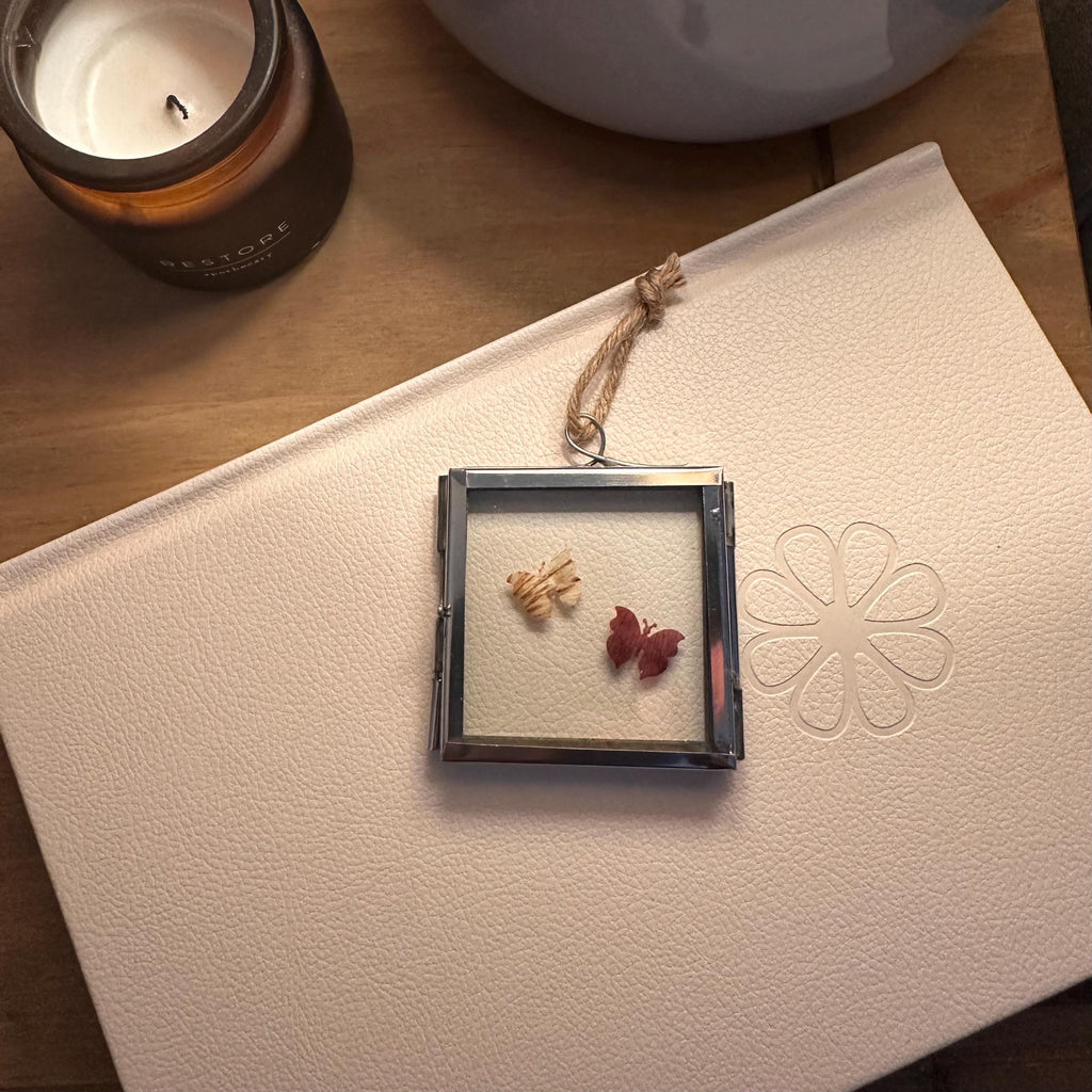 Pressed Flower Butterfly Art – Mini Silver Frame 5x5cm – Real Botanical Butterflies – Hanging Nature Decor Gift