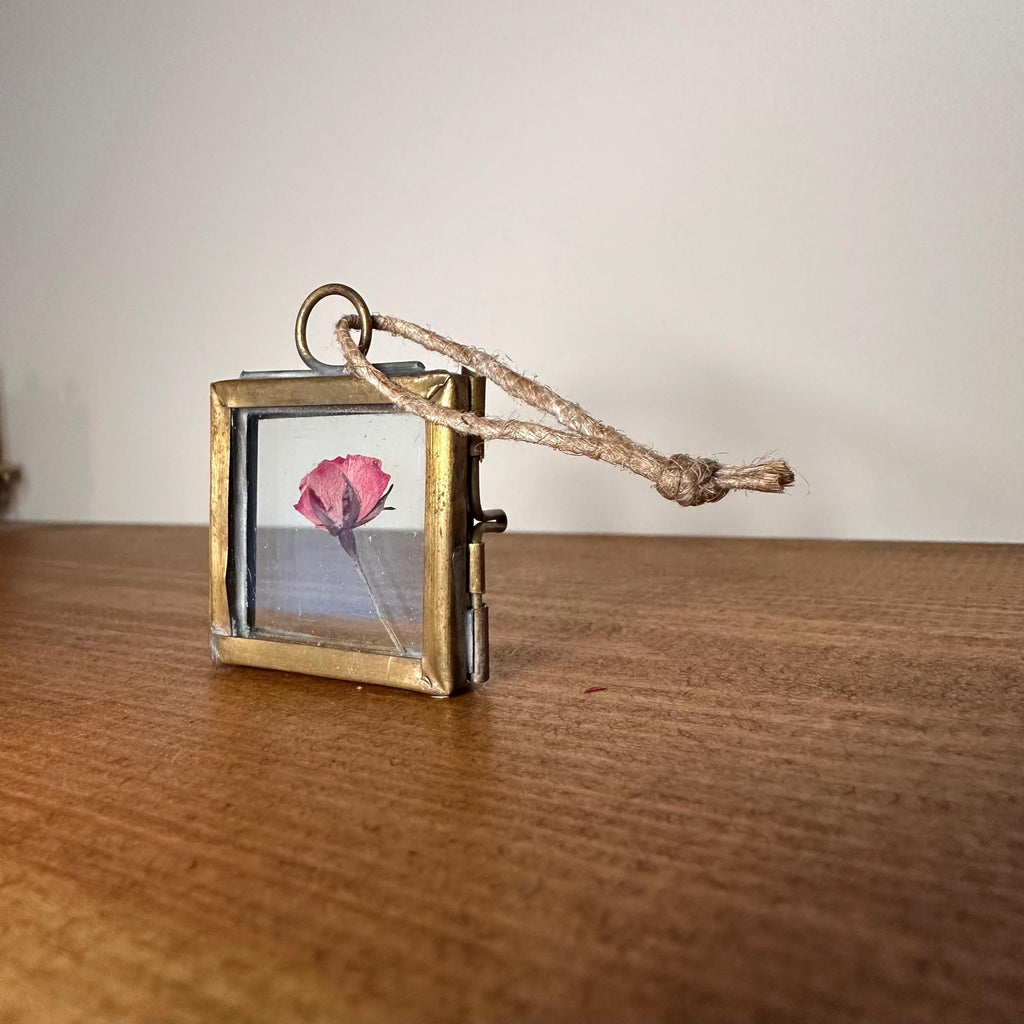 Dried Pink Rose in 3.5cm Brass Frame | Twisted Twine Loop | Pressed Flower Pendant | Miniature Botanical Keepsake