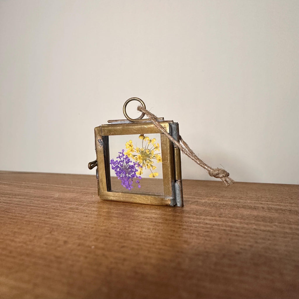Dried Yellow & Purple Flowers | Mini Brass Frame 3.5x3.5cm | Pressed Botanical Art – Nature Gift