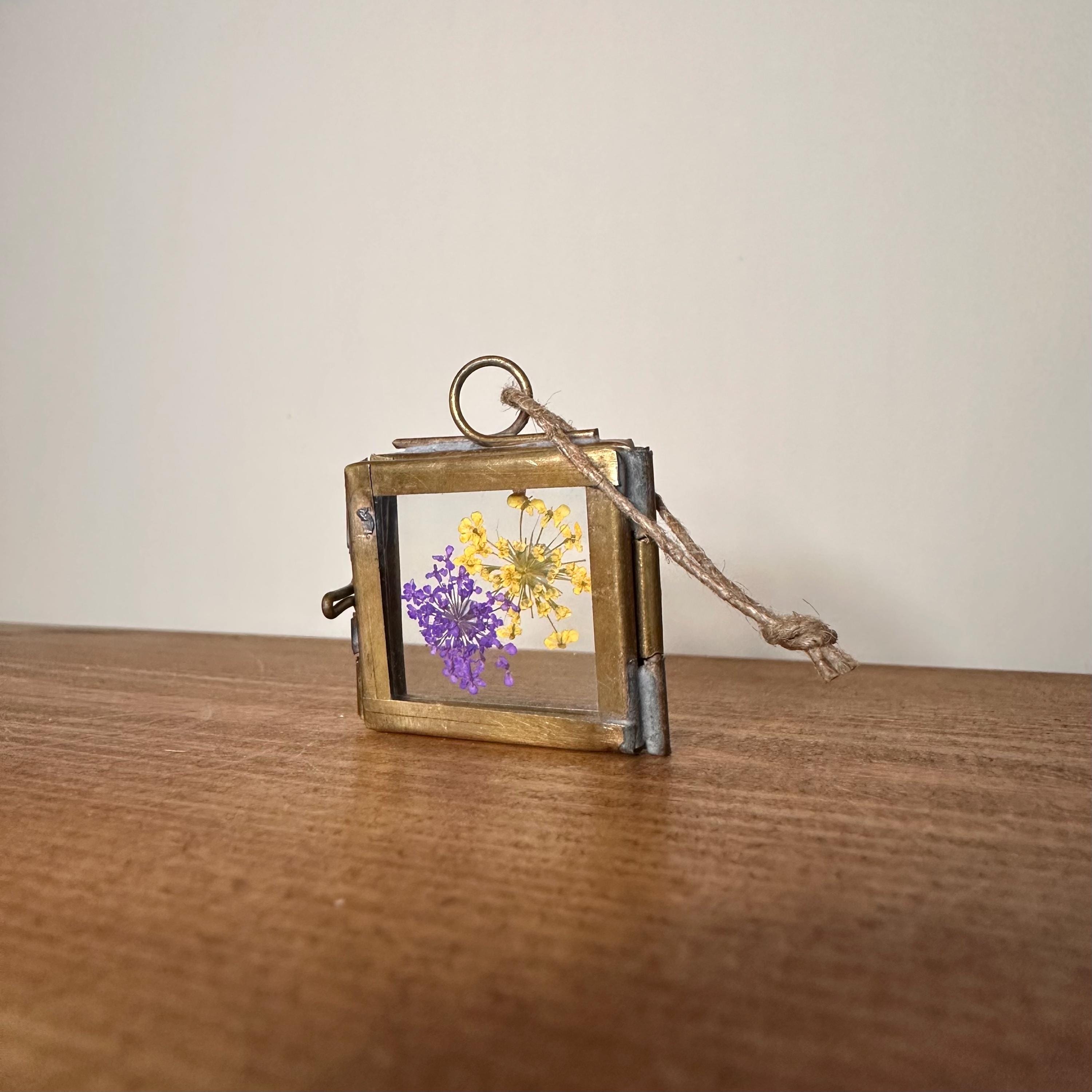 Dried Yellow & Purple Flowers | Mini Brass Frame 3.5x3.5cm | Pressed Botanical Art – Nature Gift