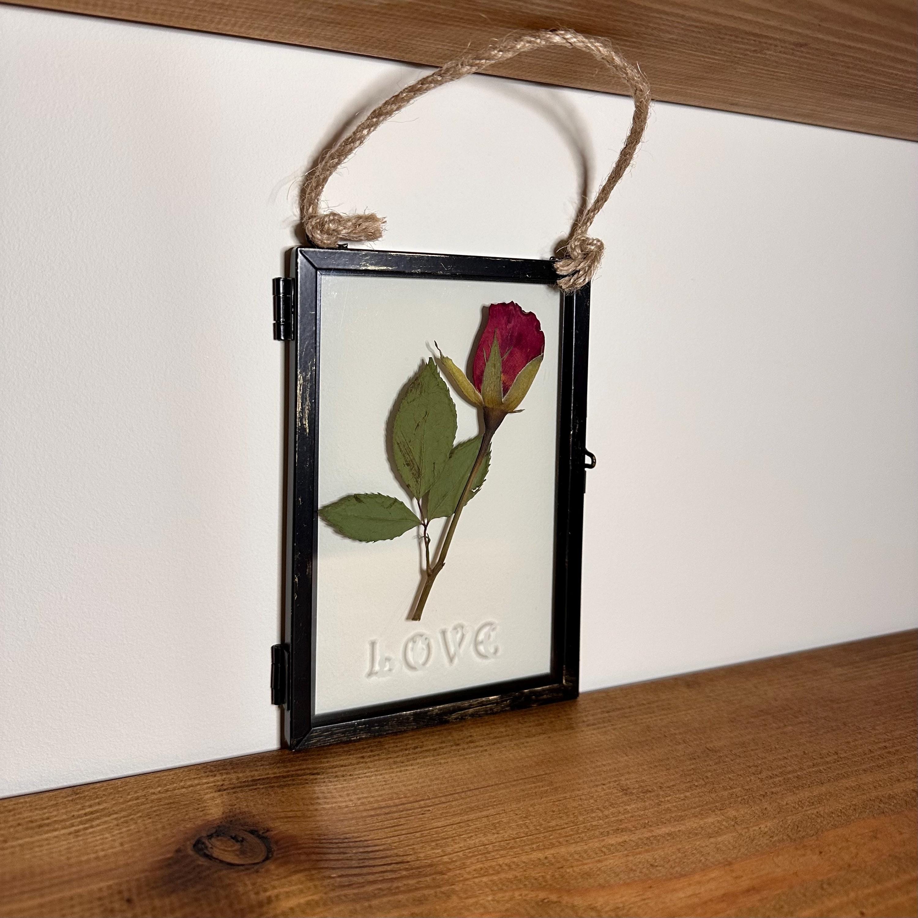 Pressed Red Rose Frame, LOVE Etched Glass, Romantic Floral Art