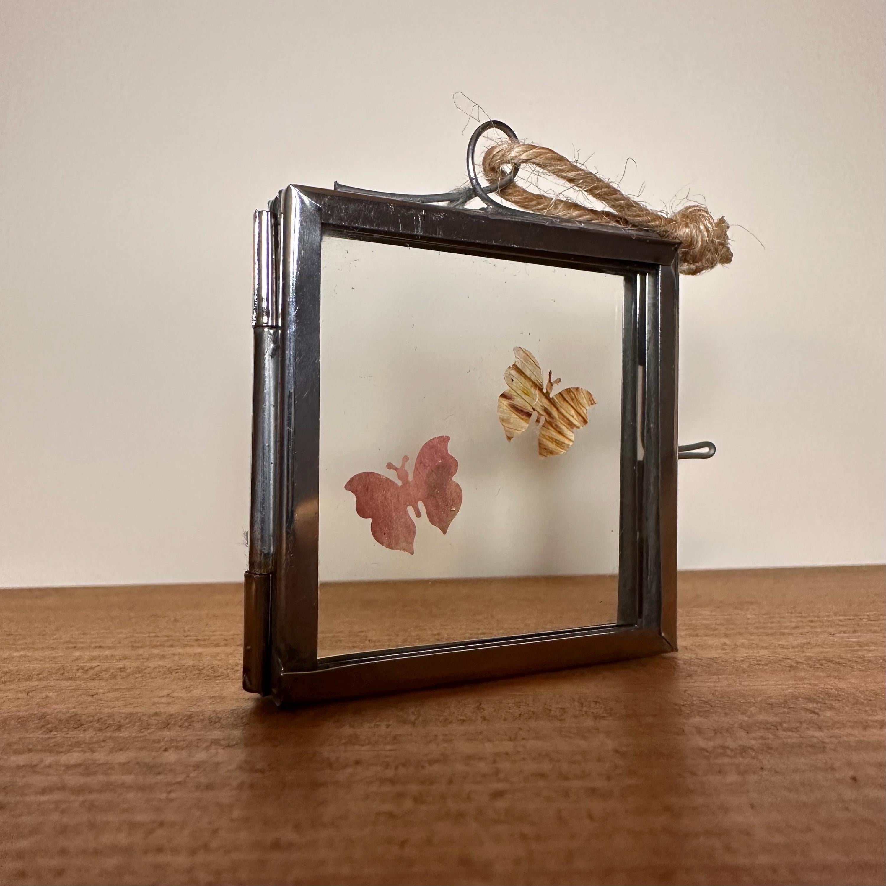 Pressed Flower Butterfly Art – Mini Silver Frame 5x5cm – Real Botanical Butterflies – Hanging Nature Decor Gift