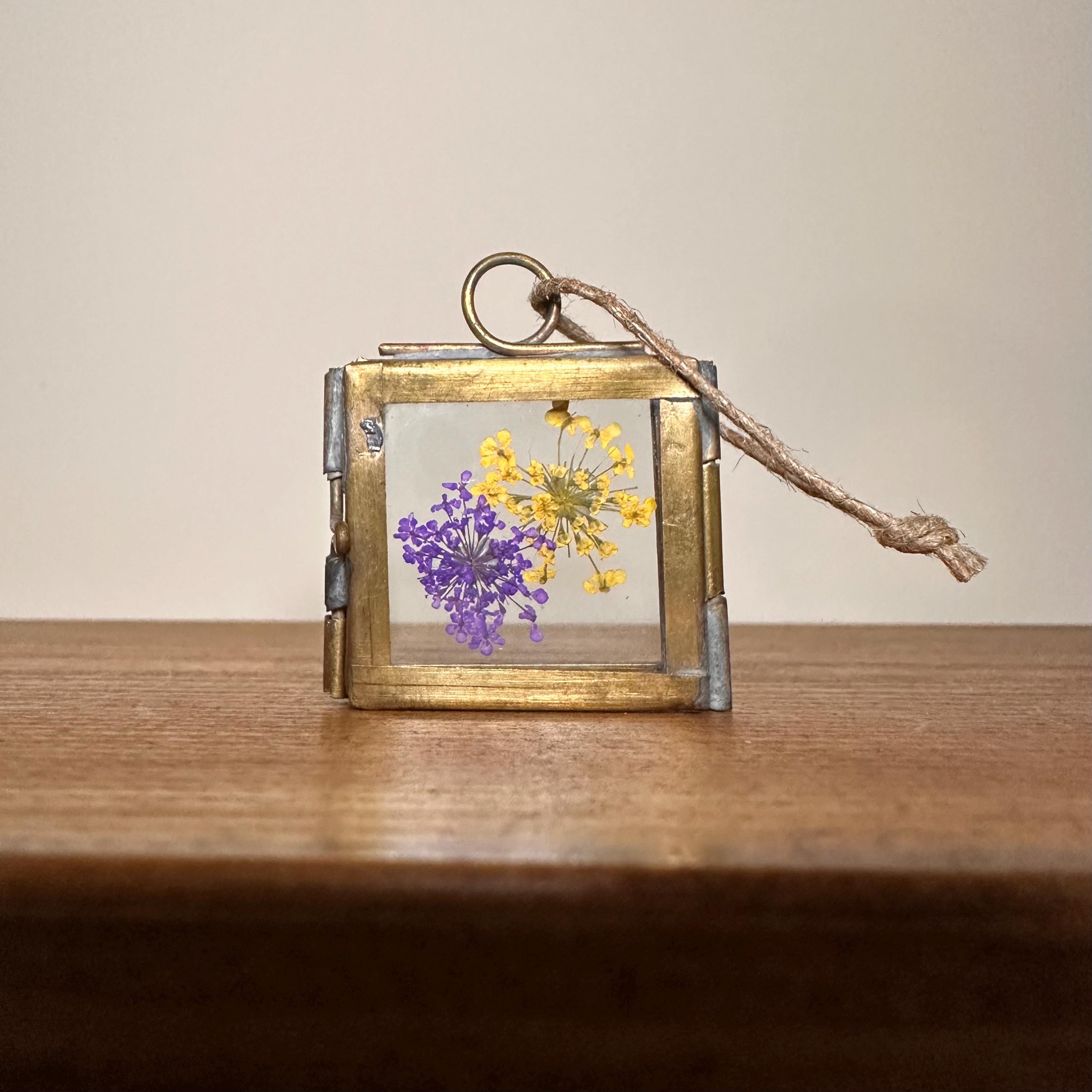 Dried Yellow & Purple Flowers | Mini Brass Frame 3.5x3.5cm | Pressed Botanical Art – Nature Gift