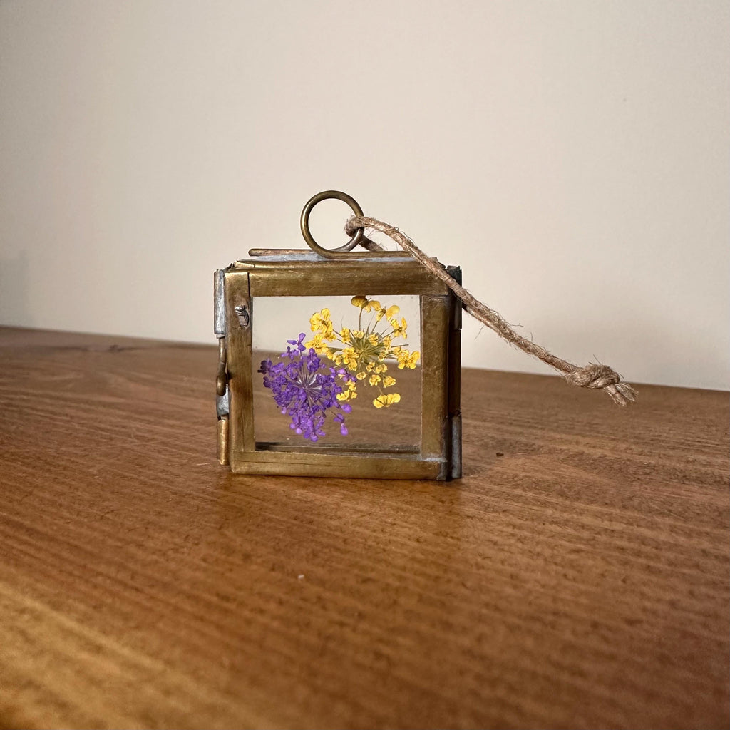 Dried Yellow & Purple Flowers | Mini Brass Frame 3.5x3.5cm | Pressed Botanical Art – Nature Gift