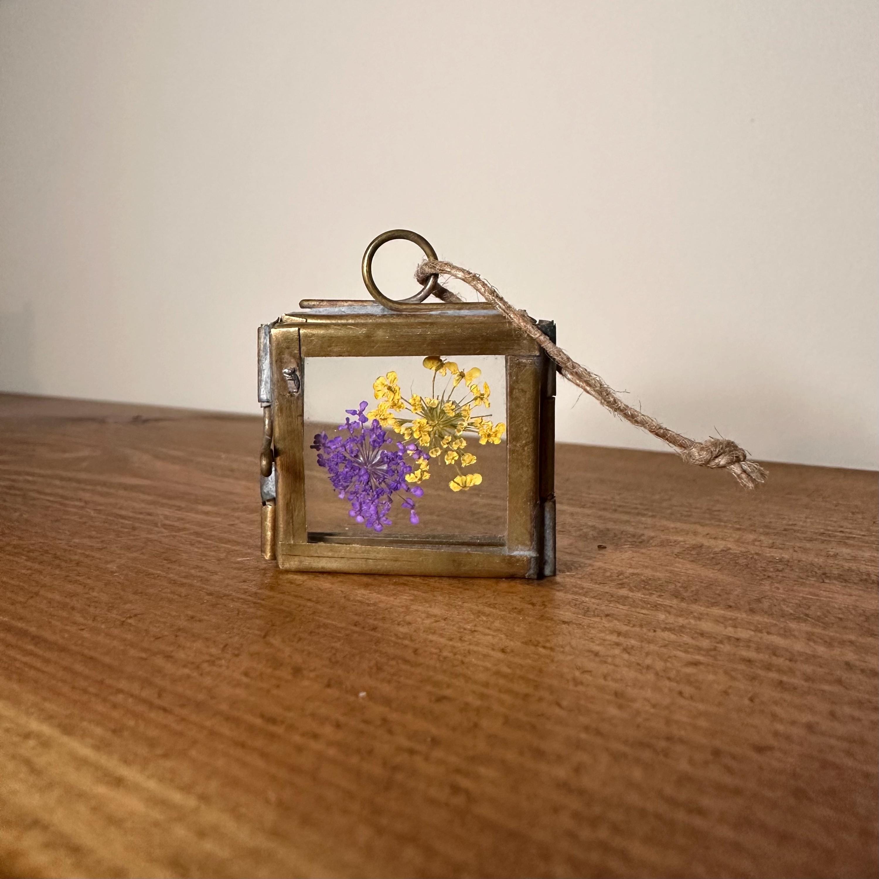 Dried Yellow & Purple Flowers | Mini Brass Frame 3.5x3.5cm | Pressed Botanical Art – Nature Gift