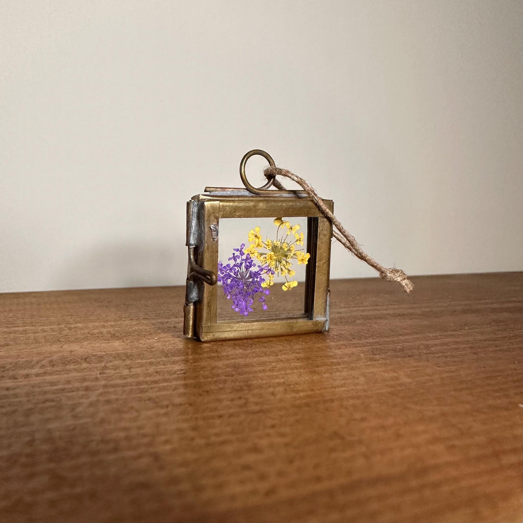 Dried Yellow & Purple Flowers | Mini Brass Frame 3.5x3.5cm | Pressed Botanical Art – Nature Gift
