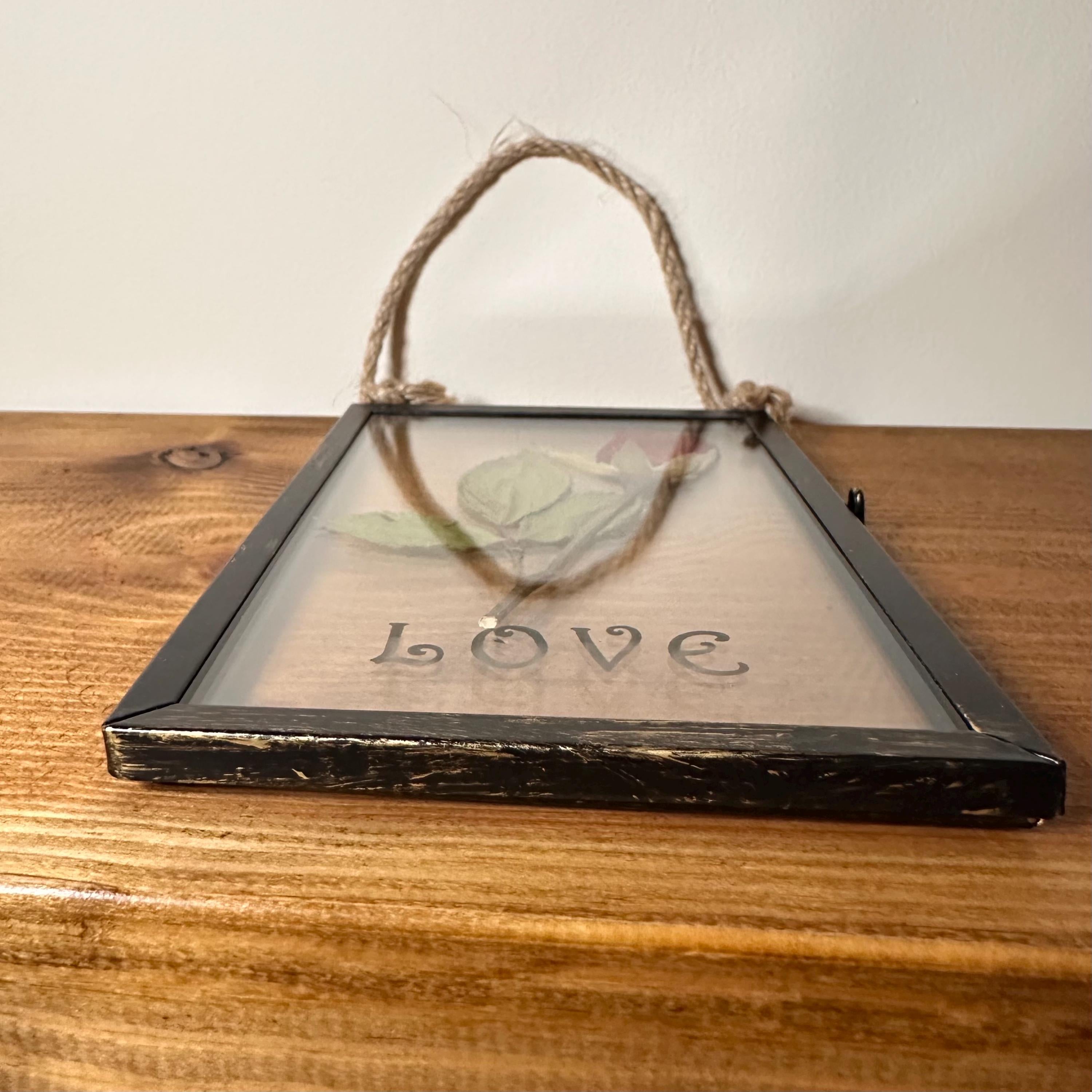 Pressed Red Rose Frame, LOVE Etched Glass, Romantic Floral Art