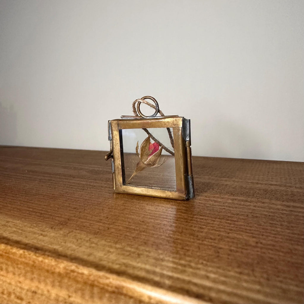 Dried Red Rose in 3.5cm Brass Frame | Twisted Twine Loop | Pressed Flower Pendant | Miniature Botanical Keepsake