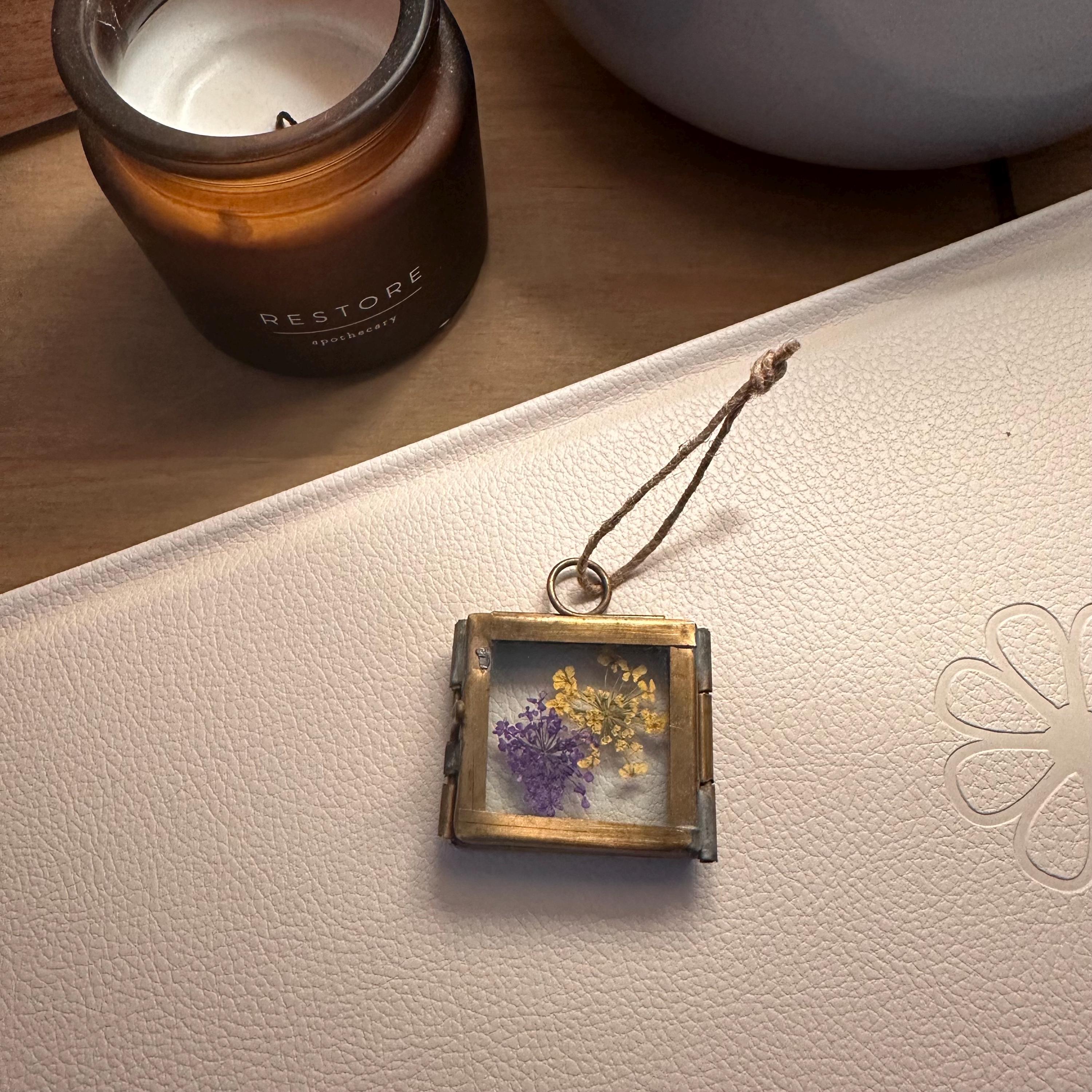 Dried Yellow & Purple Flowers | Mini Brass Frame 3.5x3.5cm | Pressed Botanical Art – Nature Gift