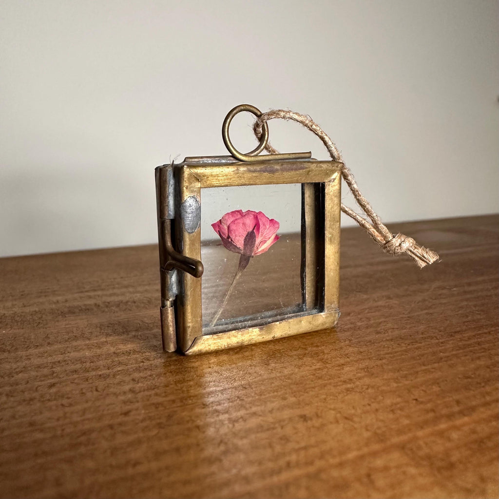 Dried Pink Rose in 3.5cm Brass Frame | Twisted Twine Loop | Pressed Flower Pendant | Miniature Botanical Keepsake