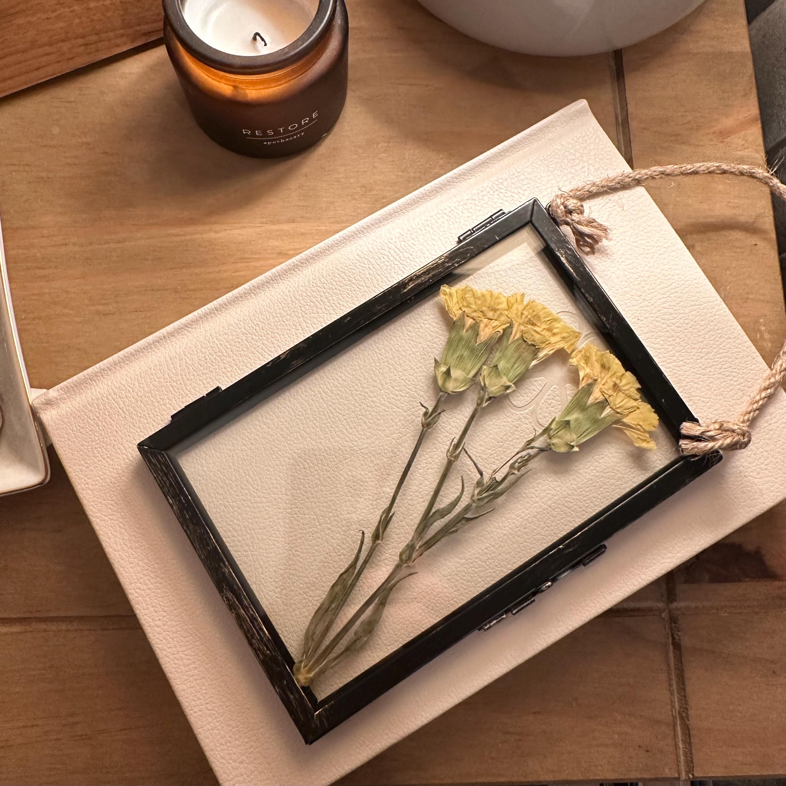 Real Pressed Yellow Carnations in Rustic Black Frame | Dried Flower Wall Art | Friendship, Remembrance or Thank You Gift