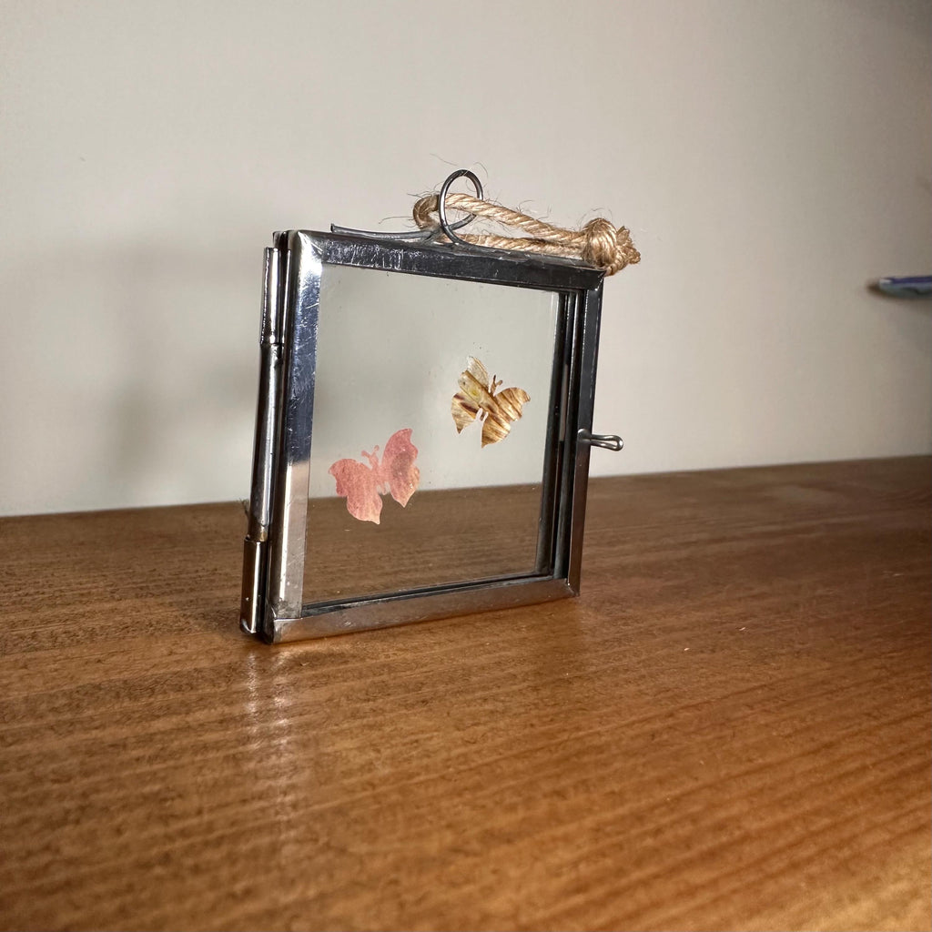 Pressed Flower Butterfly Art – Mini Silver Frame 5x5cm – Real Botanical Butterflies – Hanging Nature Decor Gift