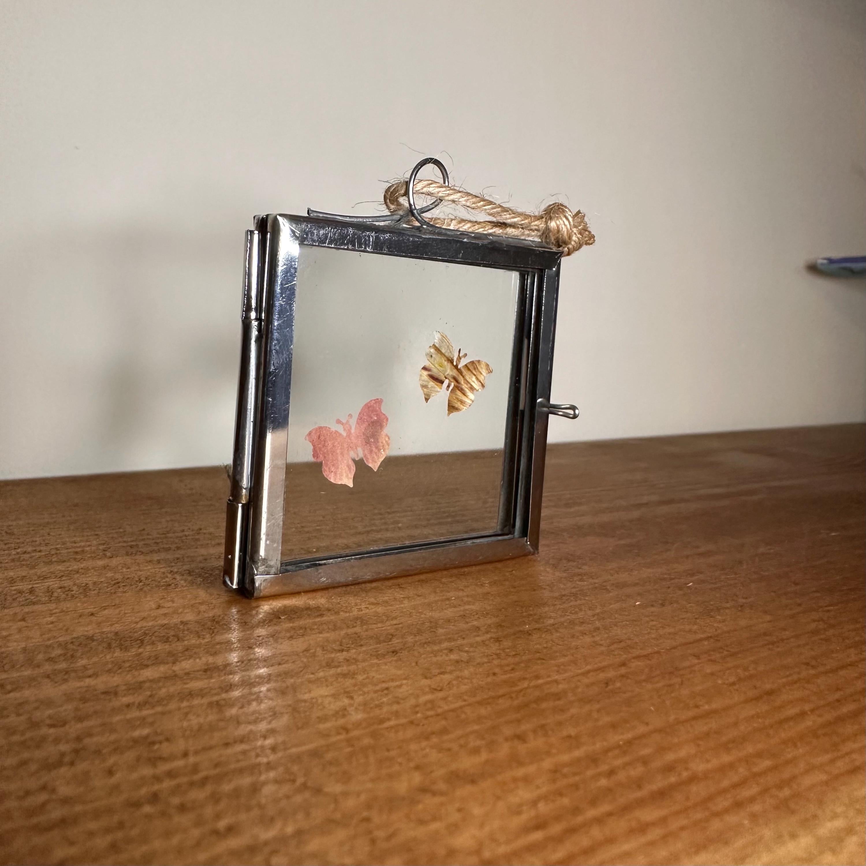 Pressed Flower Butterfly Art – Mini Silver Frame 5x5cm – Real Botanical Butterflies – Hanging Nature Decor Gift