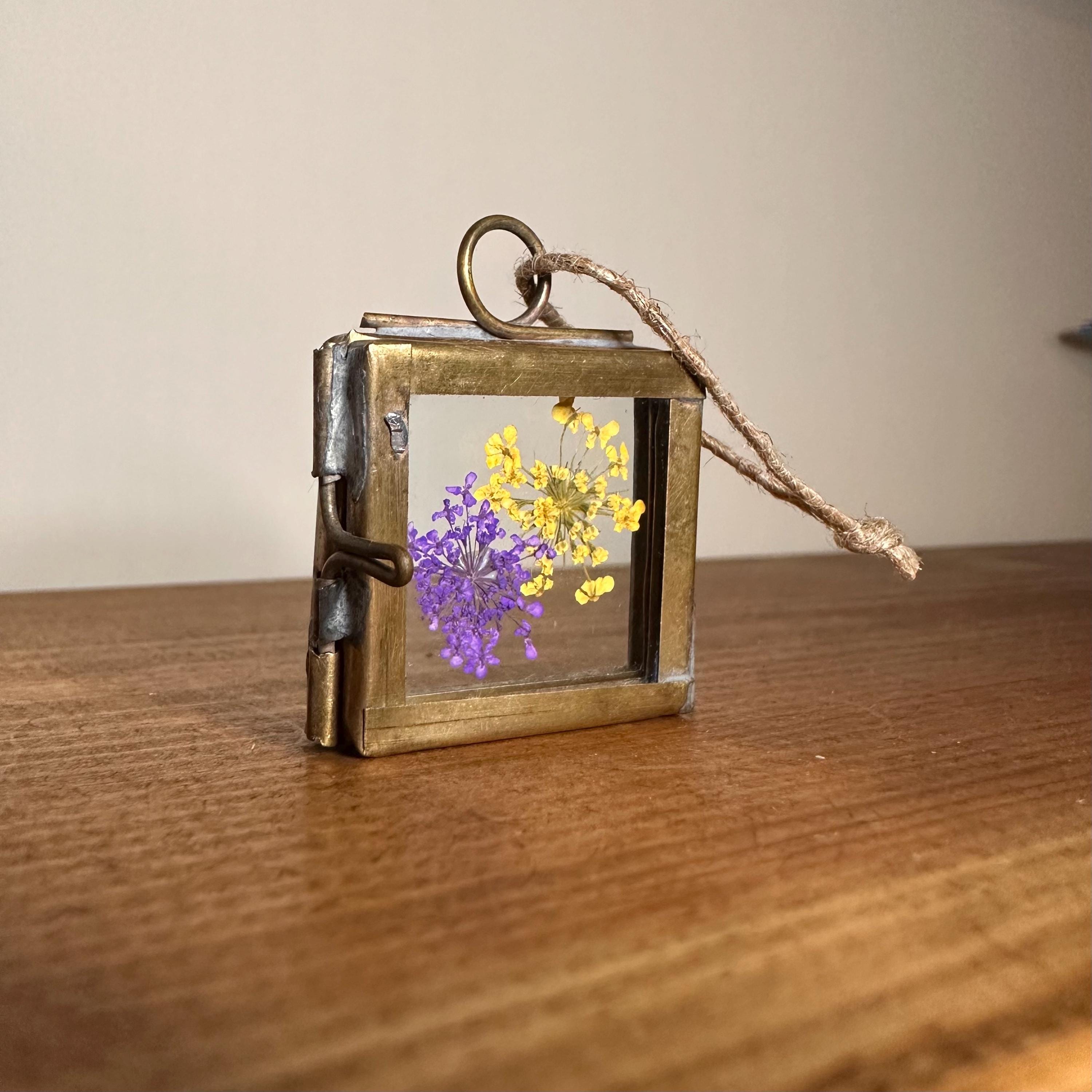 Dried Yellow & Purple Flowers | Mini Brass Frame 3.5x3.5cm | Pressed Botanical Art – Nature Gift