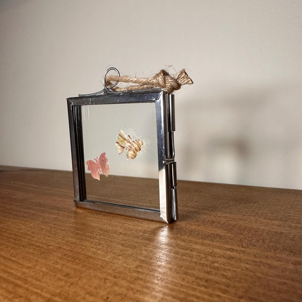 Pressed Flower Butterfly Art – Mini Silver Frame 5x5cm – Real Botanical Butterflies – Hanging Nature Decor Gift