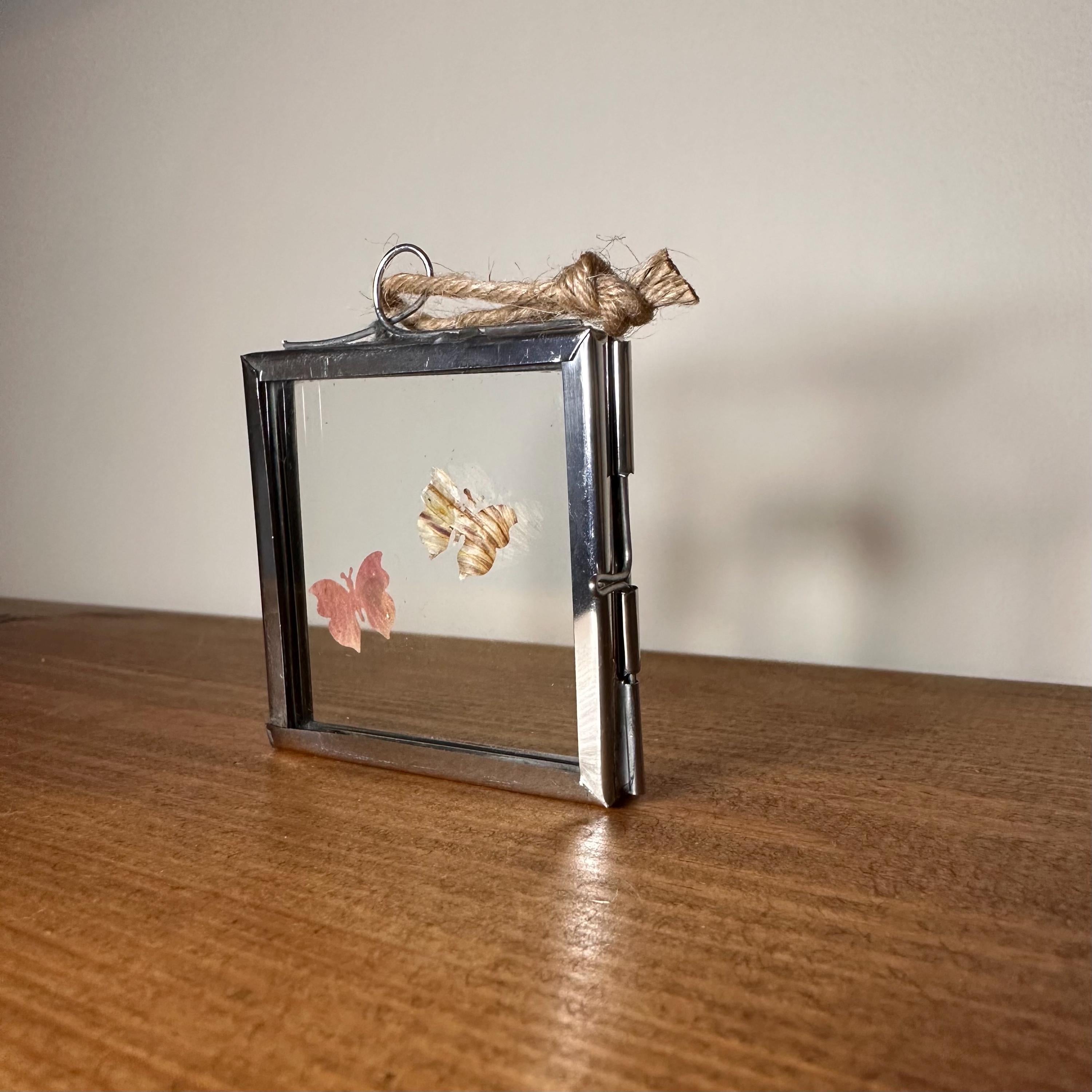 Pressed Flower Butterfly Art – Mini Silver Frame 5x5cm – Real Botanical Butterflies – Hanging Nature Decor Gift