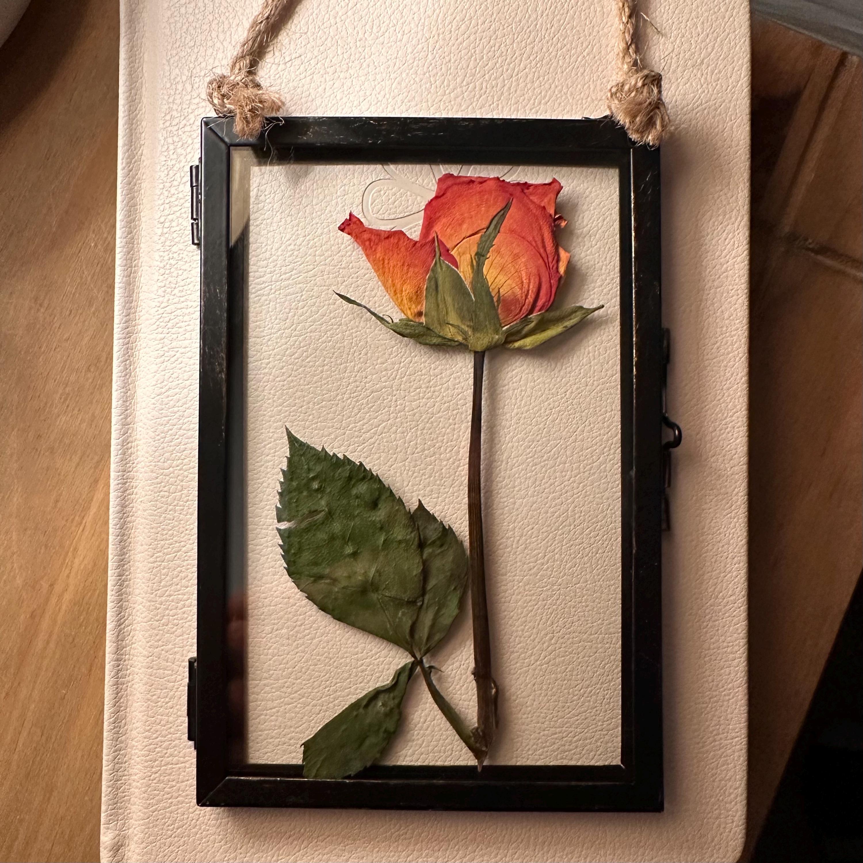 Pressed Orange Rose Wall Art, Dried Flowers in a Rustic Black Frame, Optional Etched Initials