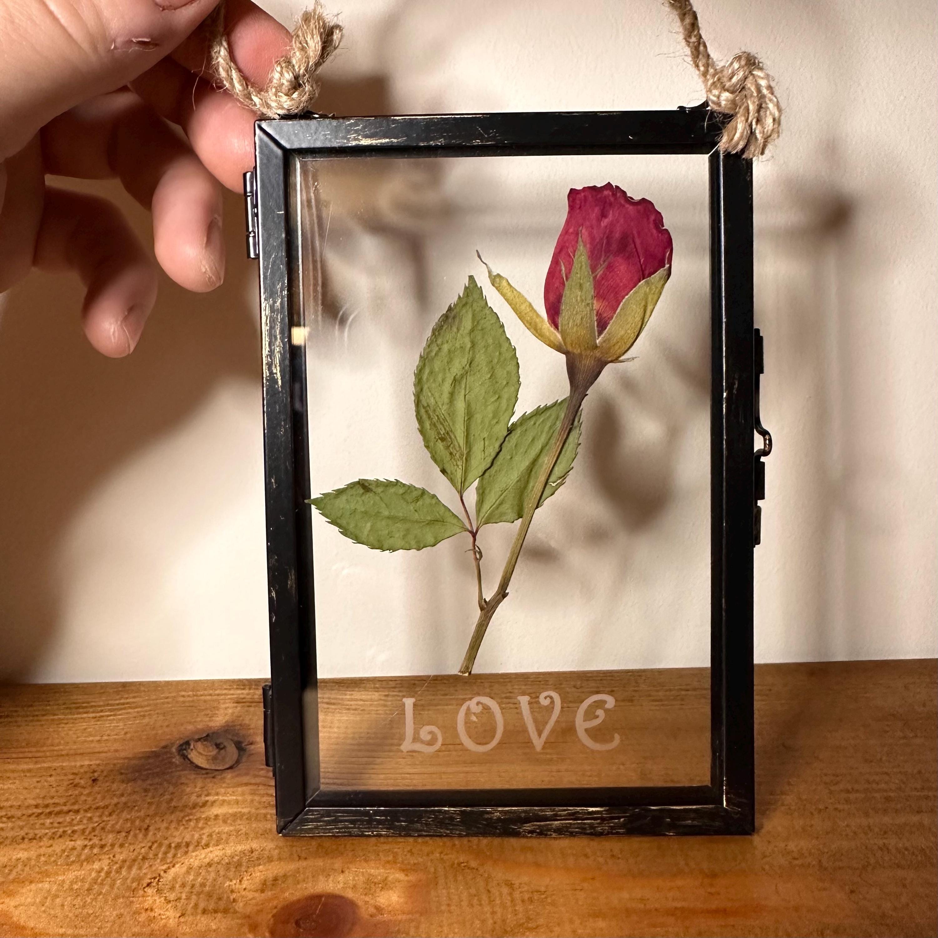 Pressed Red Rose Frame, LOVE Etched Glass, Romantic Floral Art