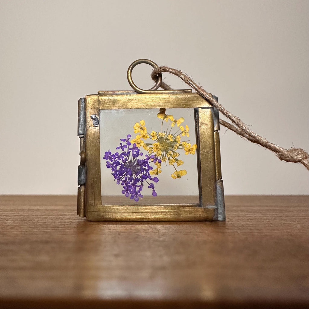 Dried Yellow & Purple Flowers | Mini Brass Frame 3.5x3.5cm | Pressed Botanical Art – Nature Gift