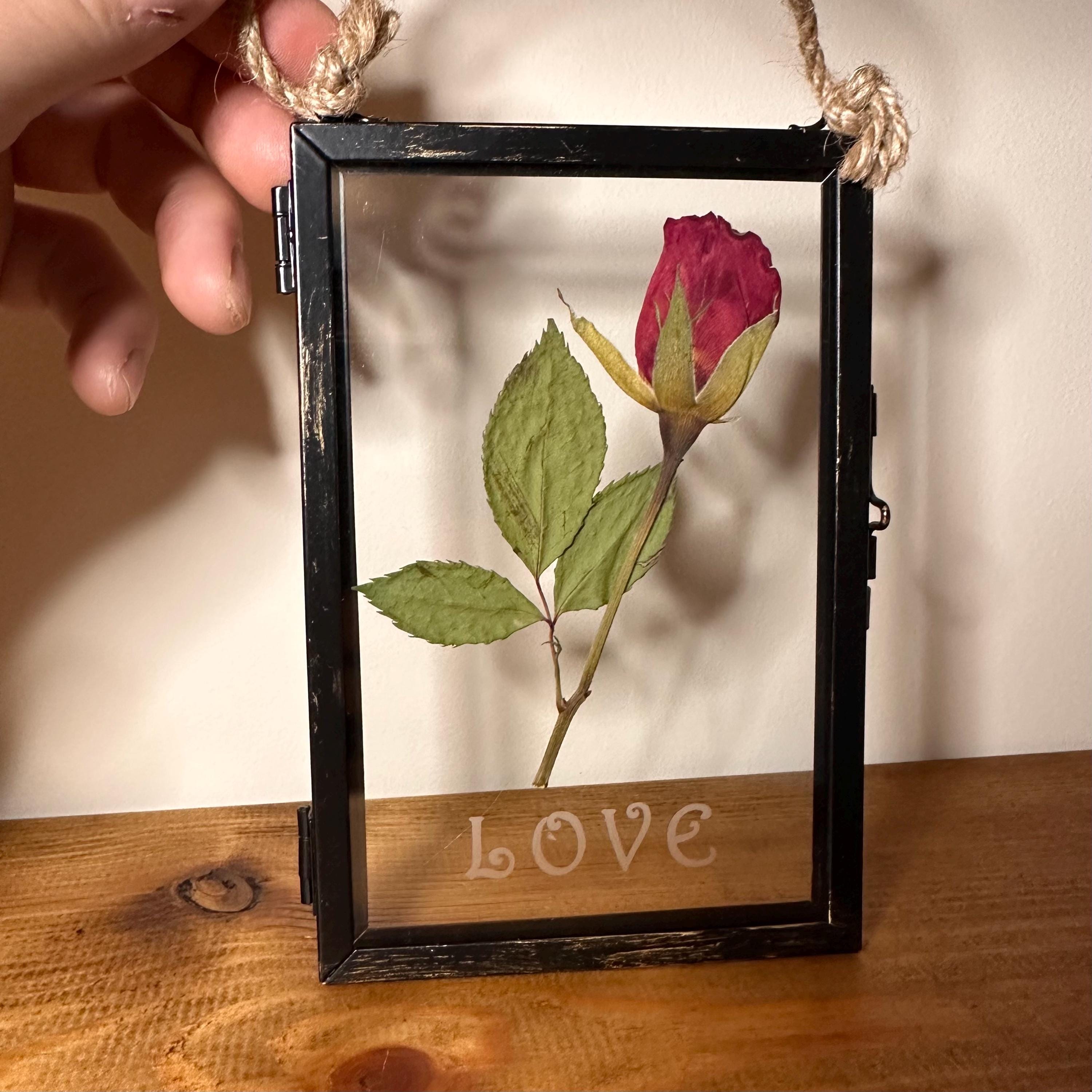 Pressed Red Rose Frame, LOVE Etched Glass, Romantic Floral Art