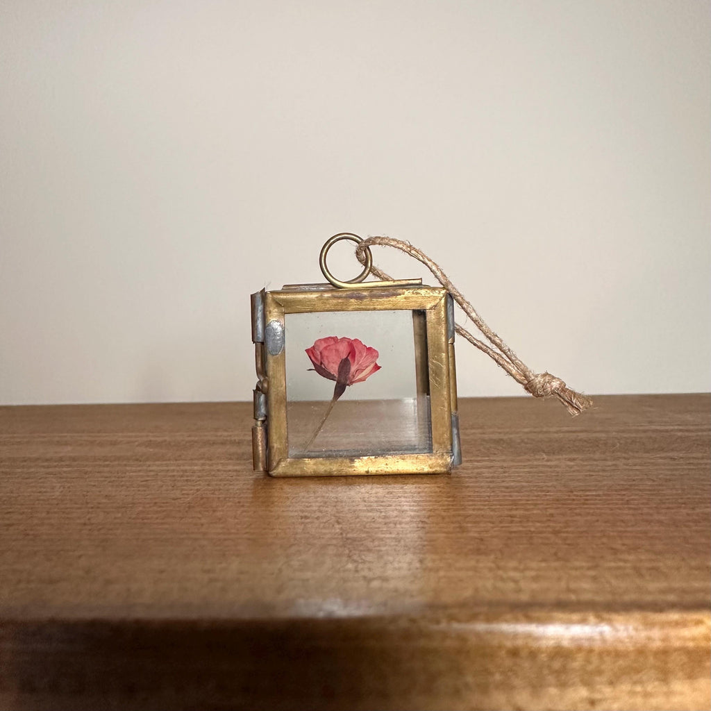 Dried Pink Rose in 3.5cm Brass Frame | Twisted Twine Loop | Pressed Flower Pendant | Miniature Botanical Keepsake