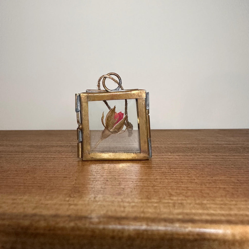 Dried Red Rose in 3.5cm Brass Frame | Twisted Twine Loop | Pressed Flower Pendant | Miniature Botanical Keepsake