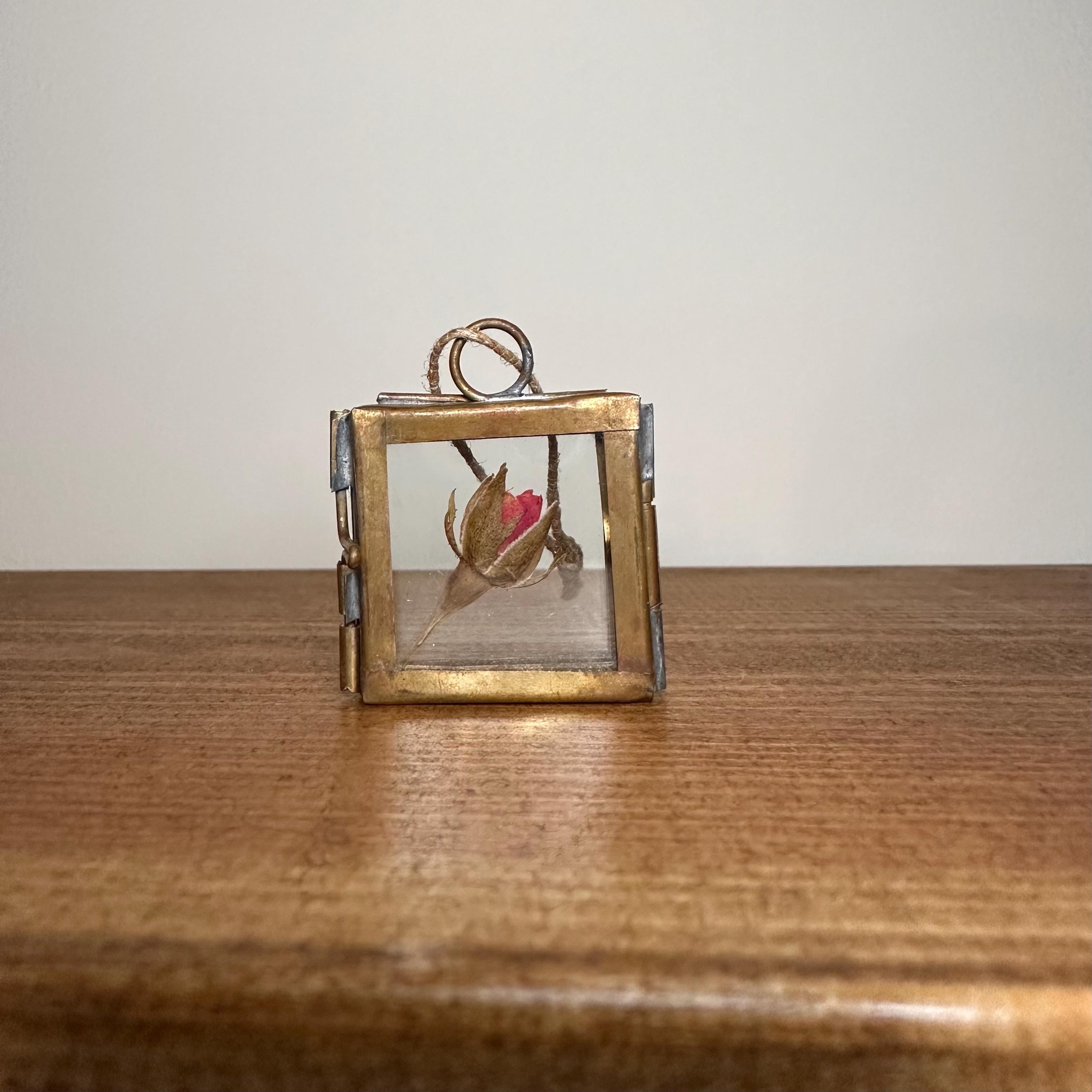 Dried Red Rose in 3.5cm Brass Frame | Twisted Twine Loop | Pressed Flower Pendant | Miniature Botanical Keepsake