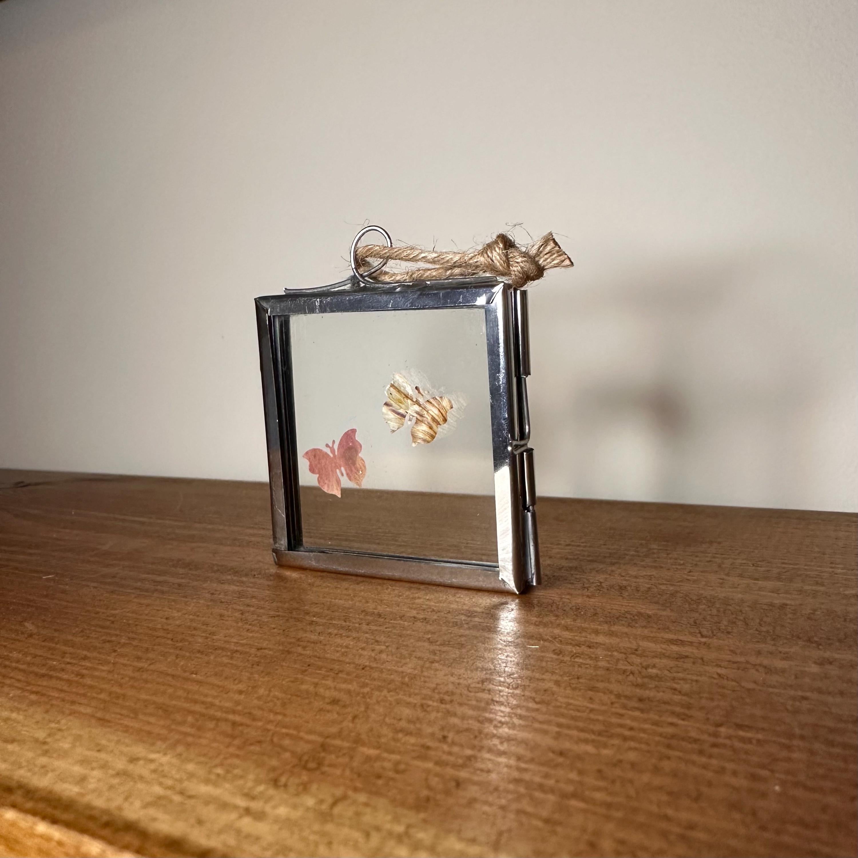 Pressed Flower Butterfly Art – Mini Silver Frame 5x5cm – Real Botanical Butterflies – Hanging Nature Decor Gift