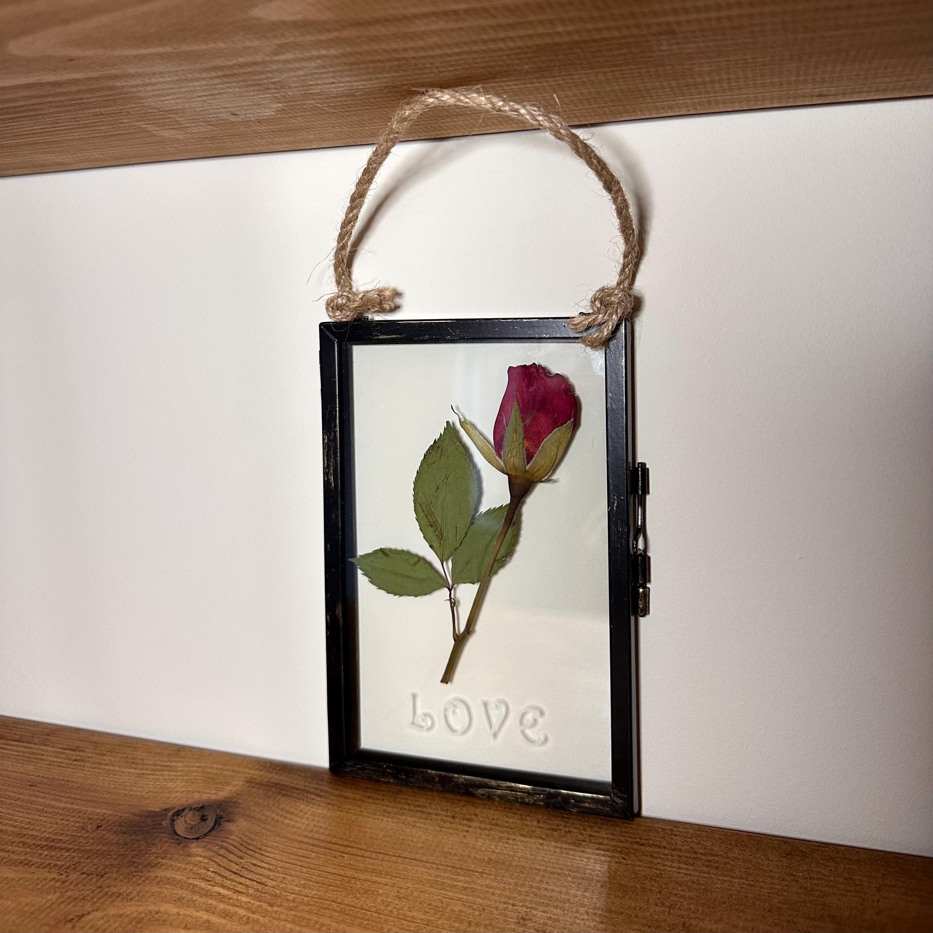 Pressed Red Rose Frame, LOVE Etched Glass, Romantic Floral Art