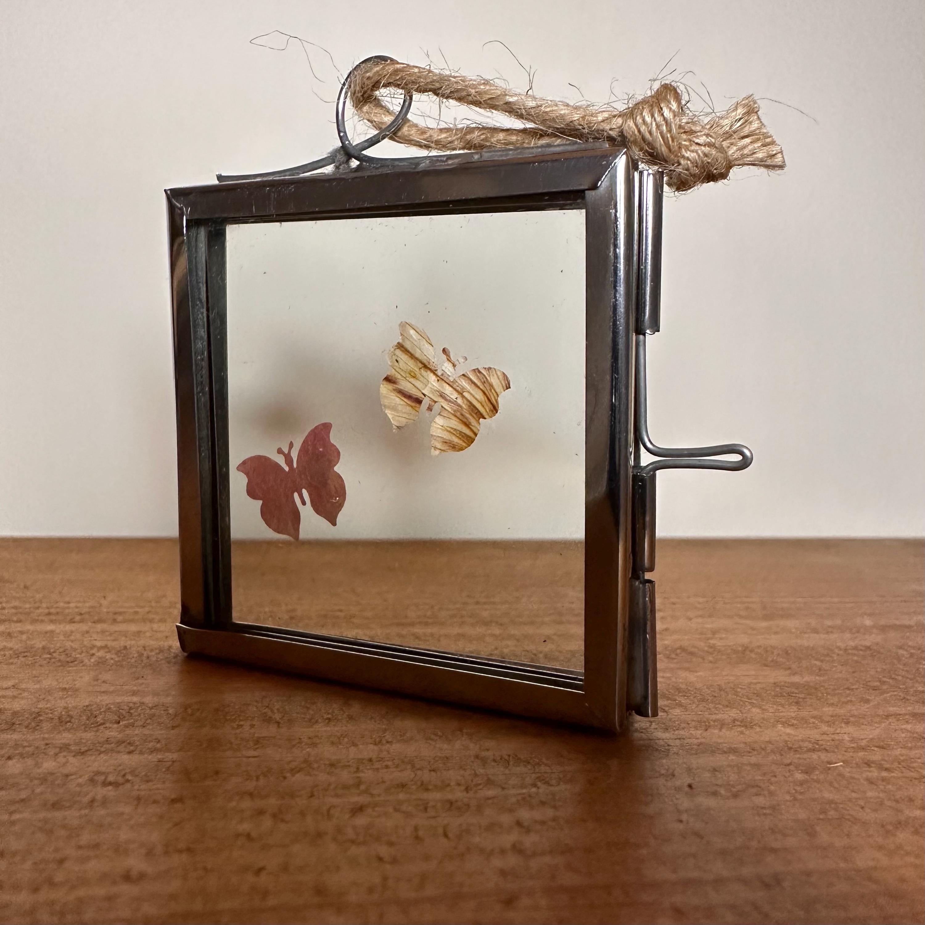 Pressed Flower Butterfly Art – Mini Silver Frame 5x5cm – Real Botanical Butterflies – Hanging Nature Decor Gift