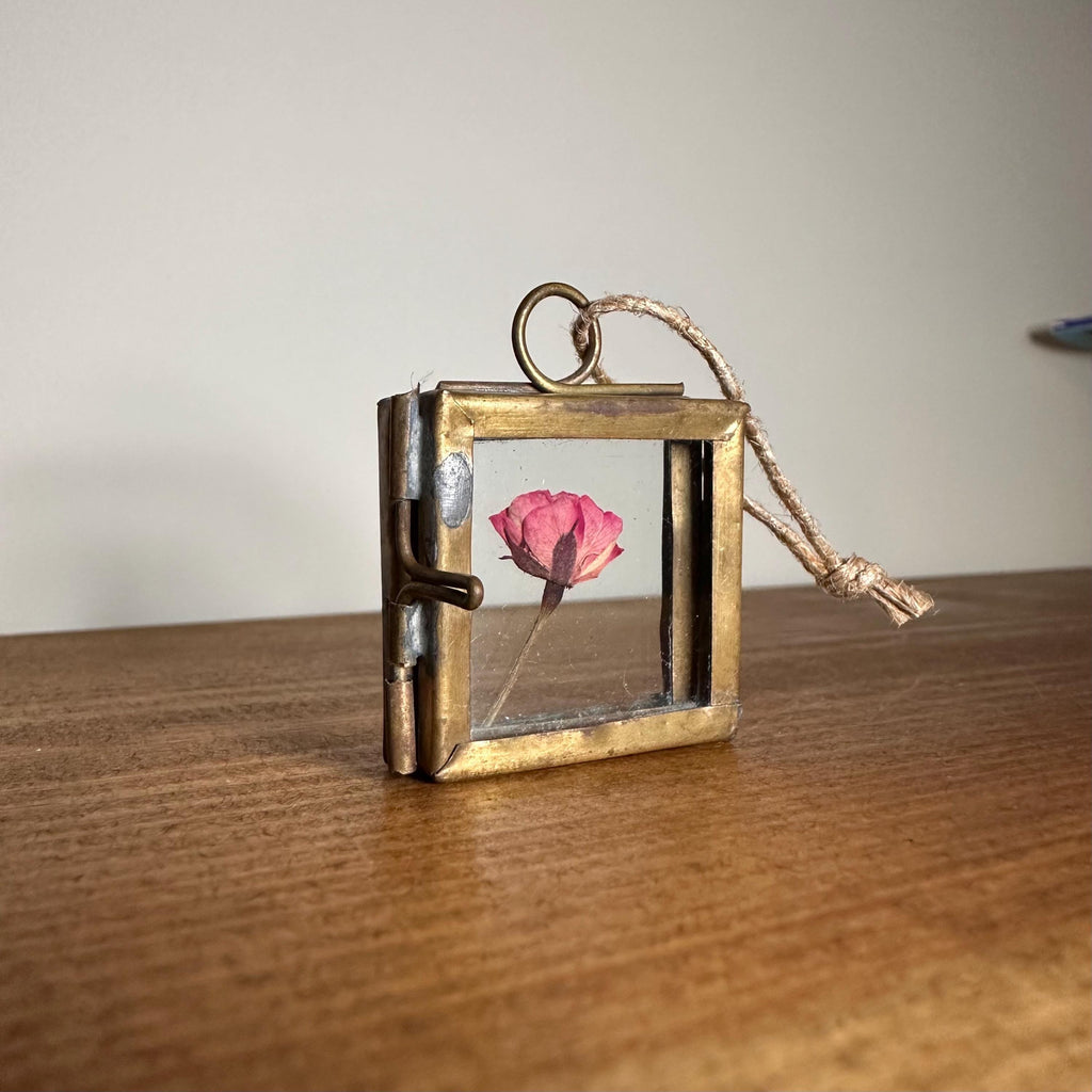 Dried Pink Rose in 3.5cm Brass Frame | Twisted Twine Loop | Pressed Flower Pendant | Miniature Botanical Keepsake
