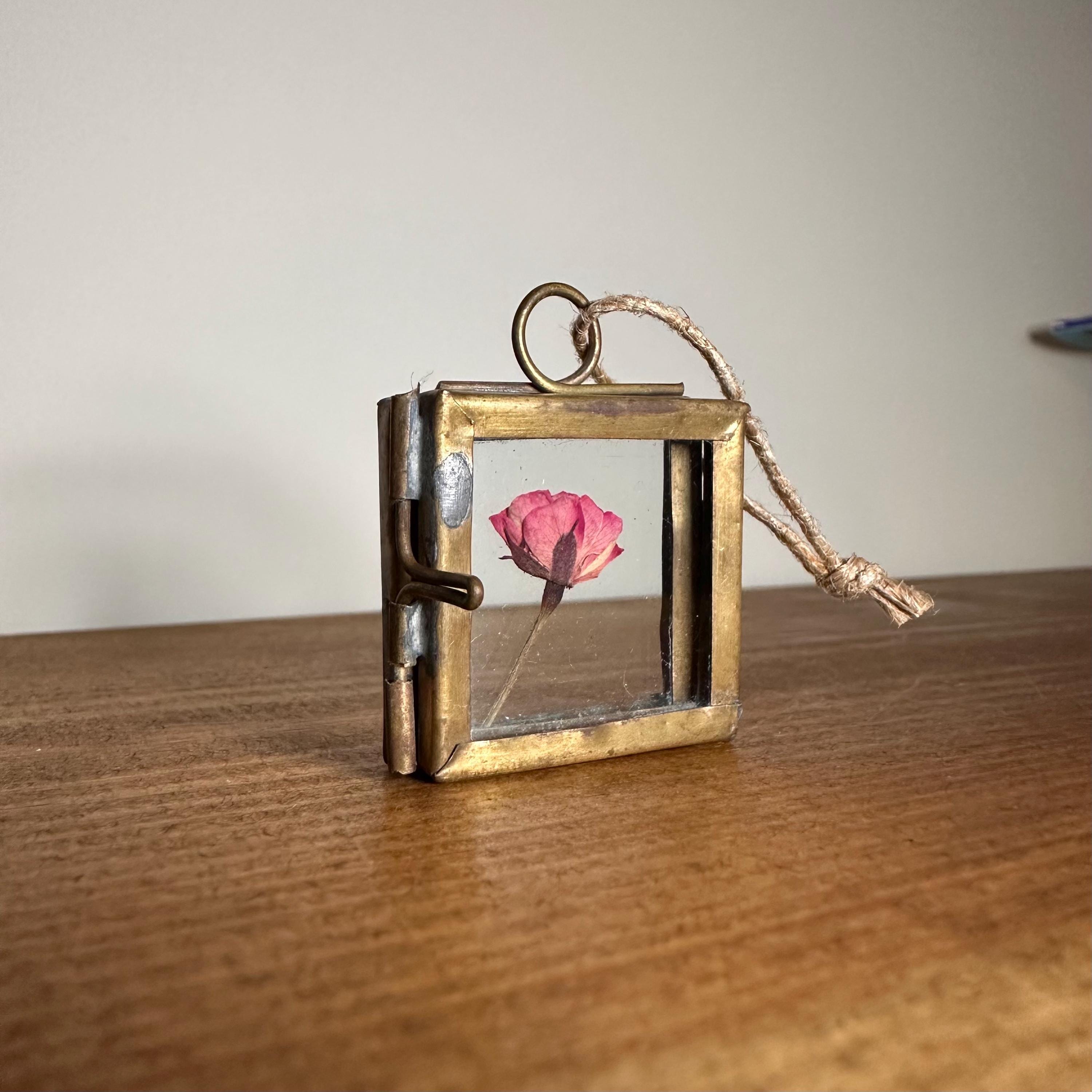 Dried Pink Rose in 3.5cm Brass Frame | Twisted Twine Loop | Pressed Flower Pendant | Miniature Botanical Keepsake