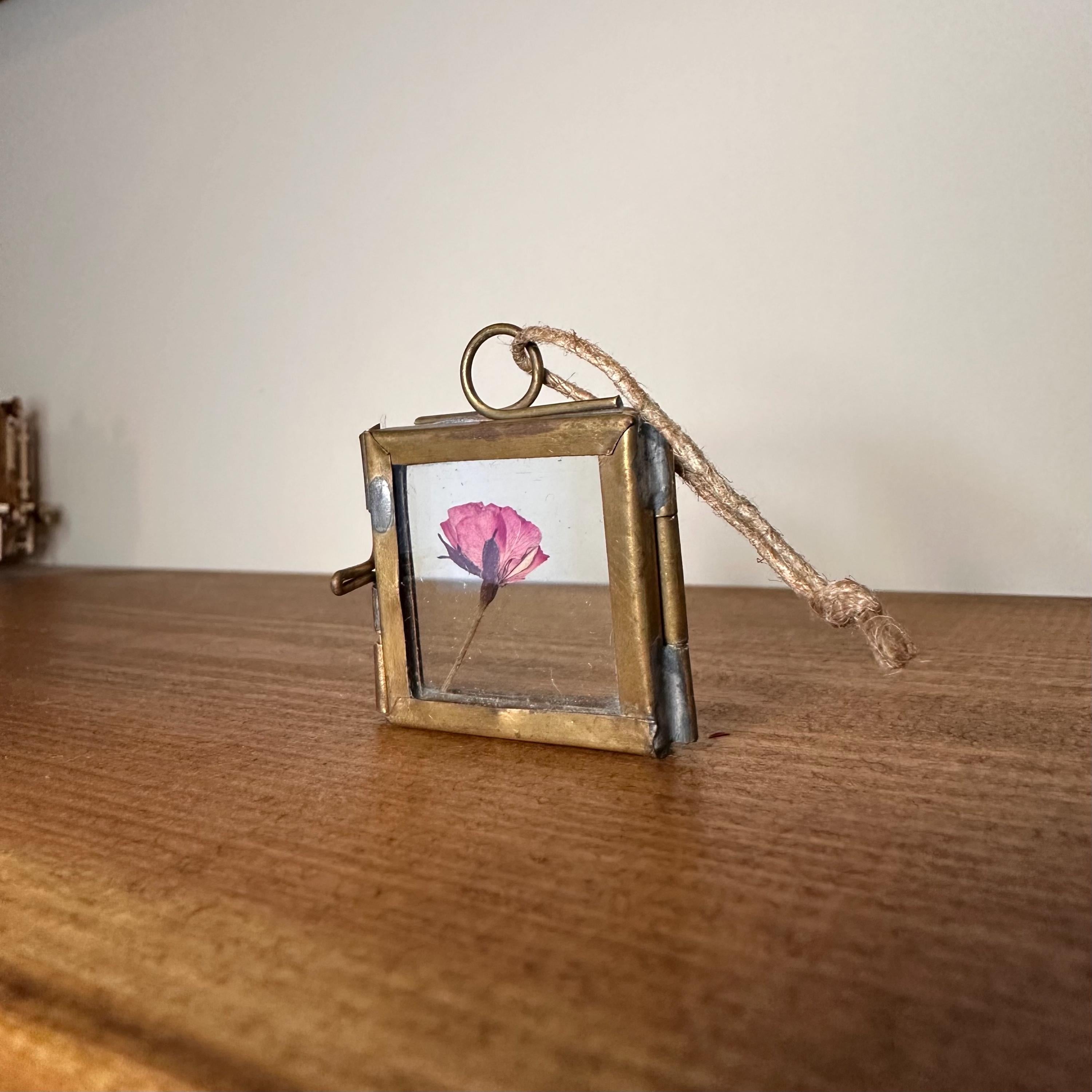 Dried Pink Rose in 3.5cm Brass Frame | Twisted Twine Loop | Pressed Flower Pendant | Miniature Botanical Keepsake