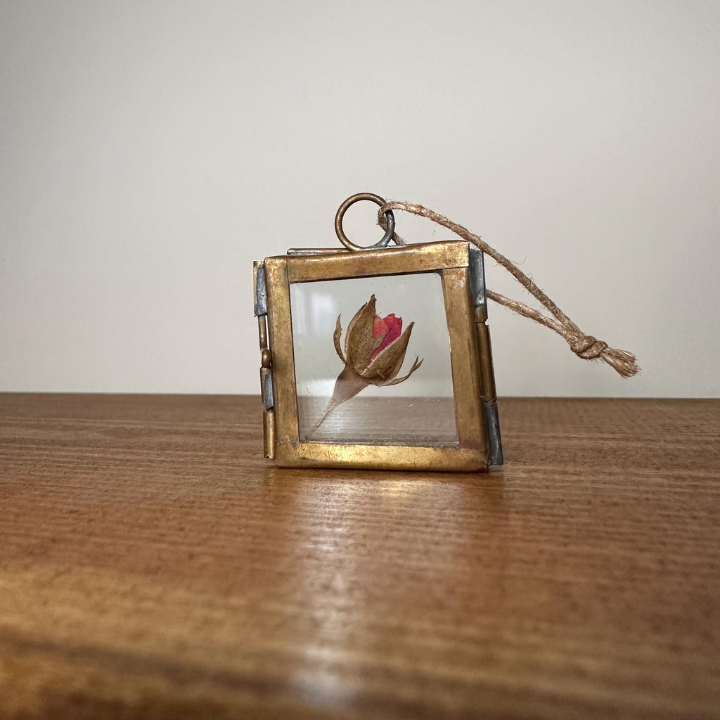 Dried Red Rose in 3.5cm Brass Frame | Twisted Twine Loop | Pressed Flower Pendant | Miniature Botanical Keepsake