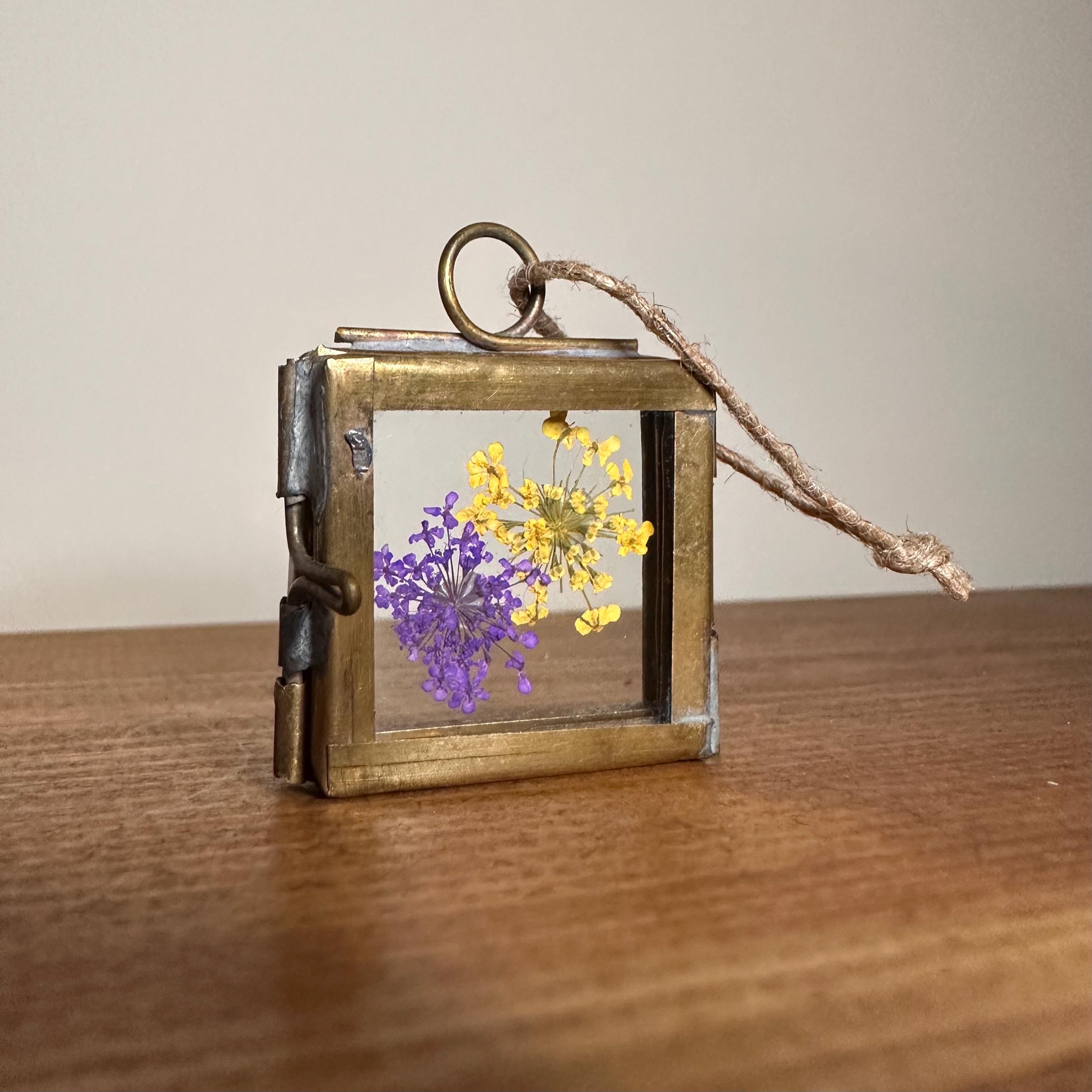 Dried Yellow & Purple Flowers | Mini Brass Frame 3.5x3.5cm | Pressed Botanical Art – Nature Gift