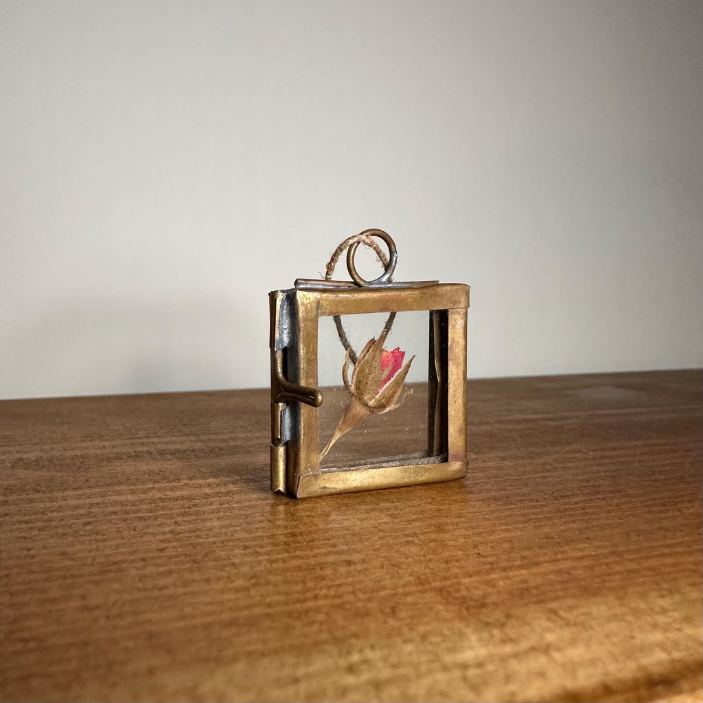 Dried Red Rose in 3.5cm Brass Frame | Twisted Twine Loop | Pressed Flower Pendant | Miniature Botanical Keepsake