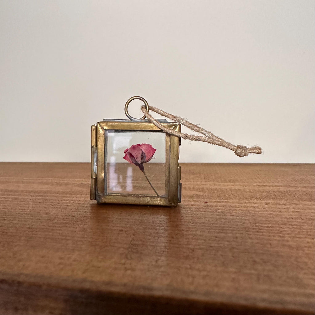 Dried Pink Rose in 3.5cm Brass Frame | Twisted Twine Loop | Pressed Flower Pendant | Miniature Botanical Keepsake
