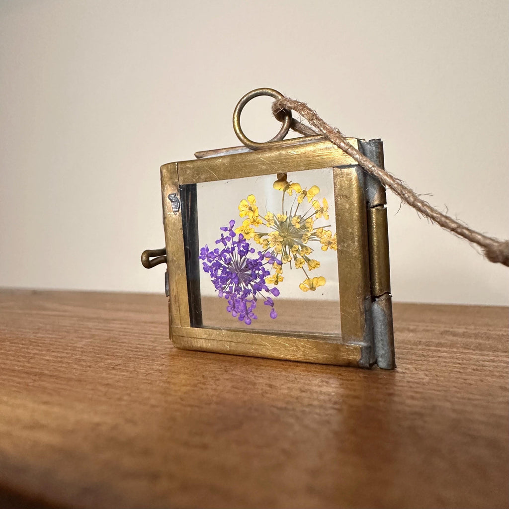 Dried Yellow & Purple Flowers | Mini Brass Frame 3.5x3.5cm | Pressed Botanical Art – Nature Gift