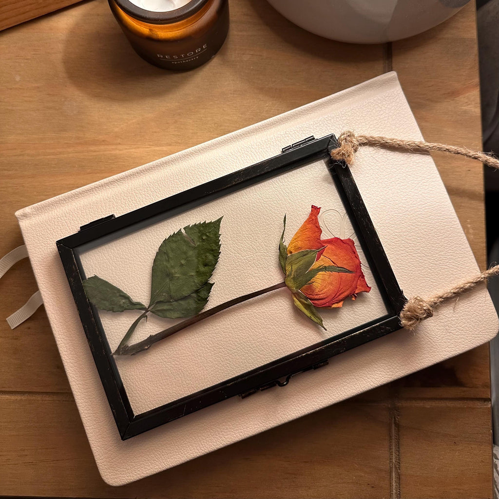 Pressed Orange Rose Wall Art, Dried Flowers in a Rustic Black Frame, Optional Etched Initials