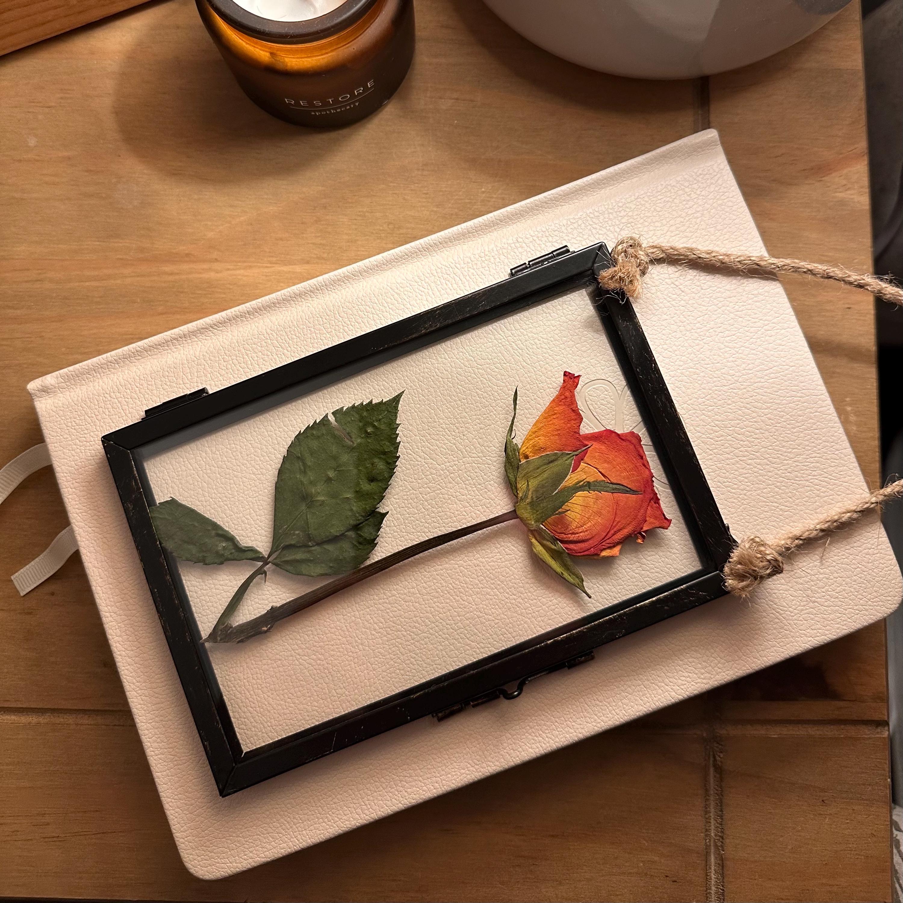 Pressed Orange Rose Wall Art, Dried Flowers in a Rustic Black Frame, Optional Etched Initials