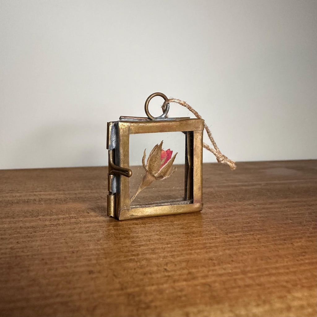 Dried Red Rose in 3.5cm Brass Frame | Twisted Twine Loop | Pressed Flower Pendant | Miniature Botanical Keepsake
