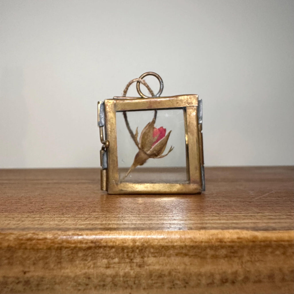 Dried Red Rose in 3.5cm Brass Frame | Twisted Twine Loop | Pressed Flower Pendant | Miniature Botanical Keepsake