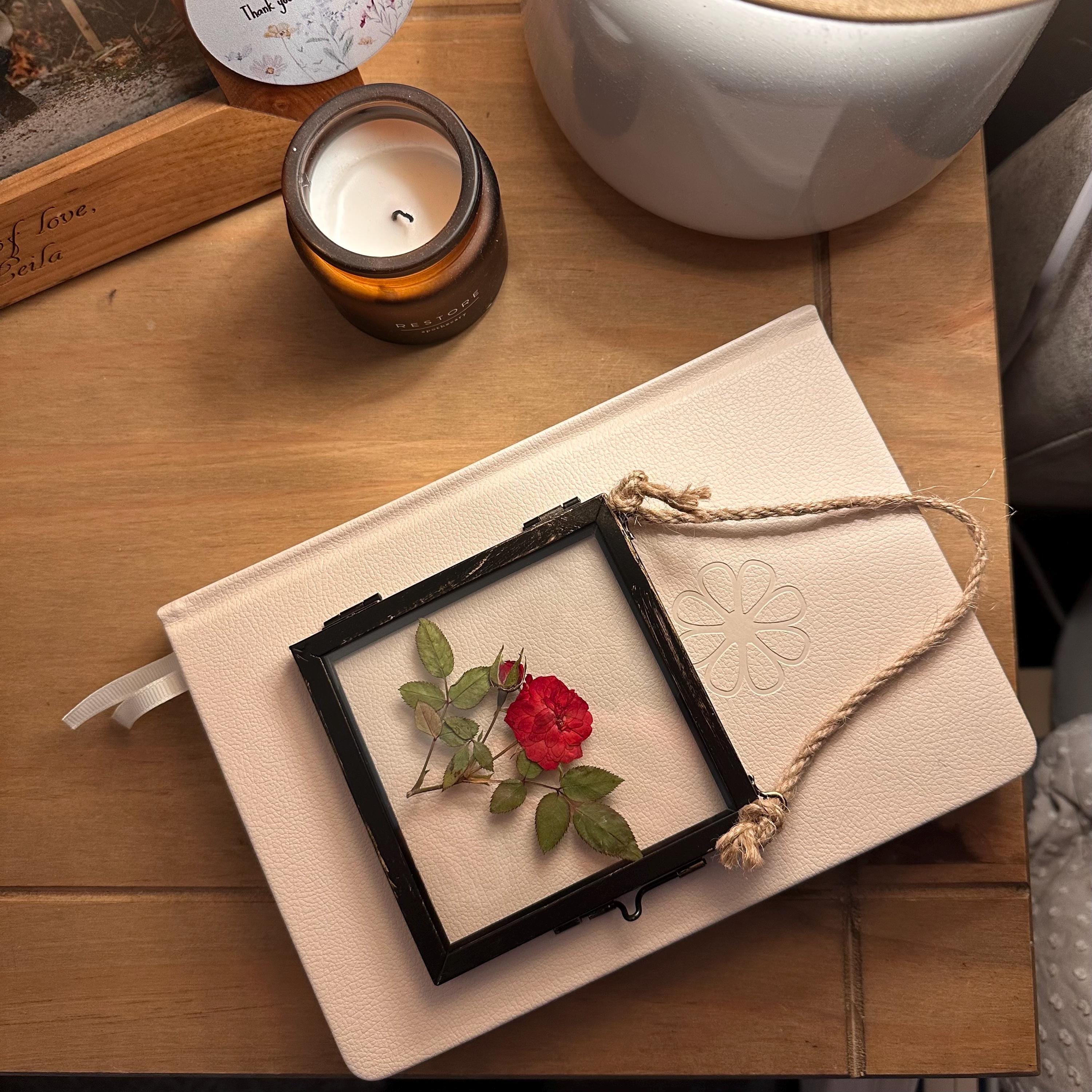 Real Pressed Red Rose with Leaves – Dried Botanical Art in Rustic Black Frame (4” x 4”)